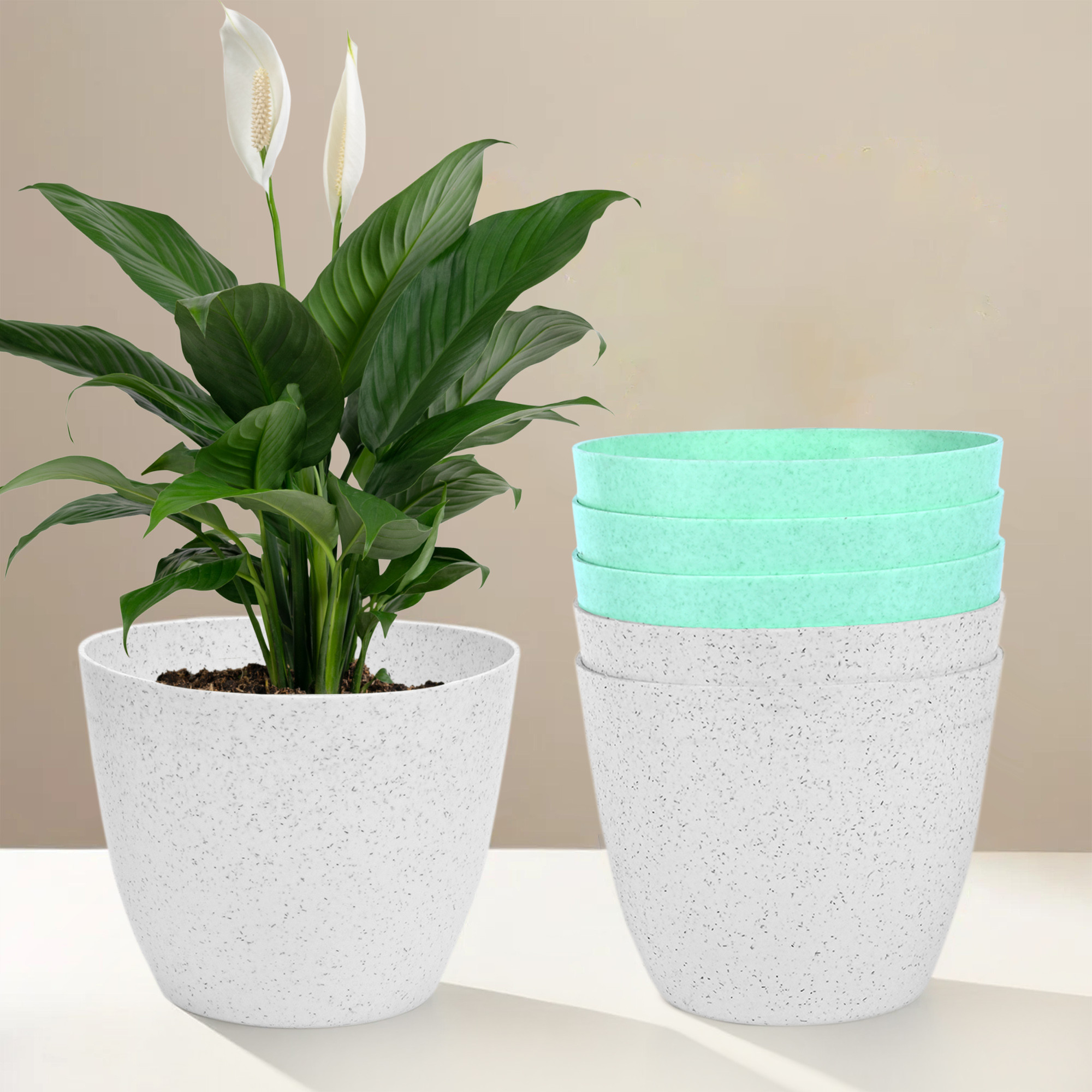 Kuber Industries Flower Pot | Flower Pot for Living Room-Office | Flower Planters for Home-office-Lawns & Garden Décor | Flower Pots for Balcony | Marble Cool | 5 Inch | White & Mint Green