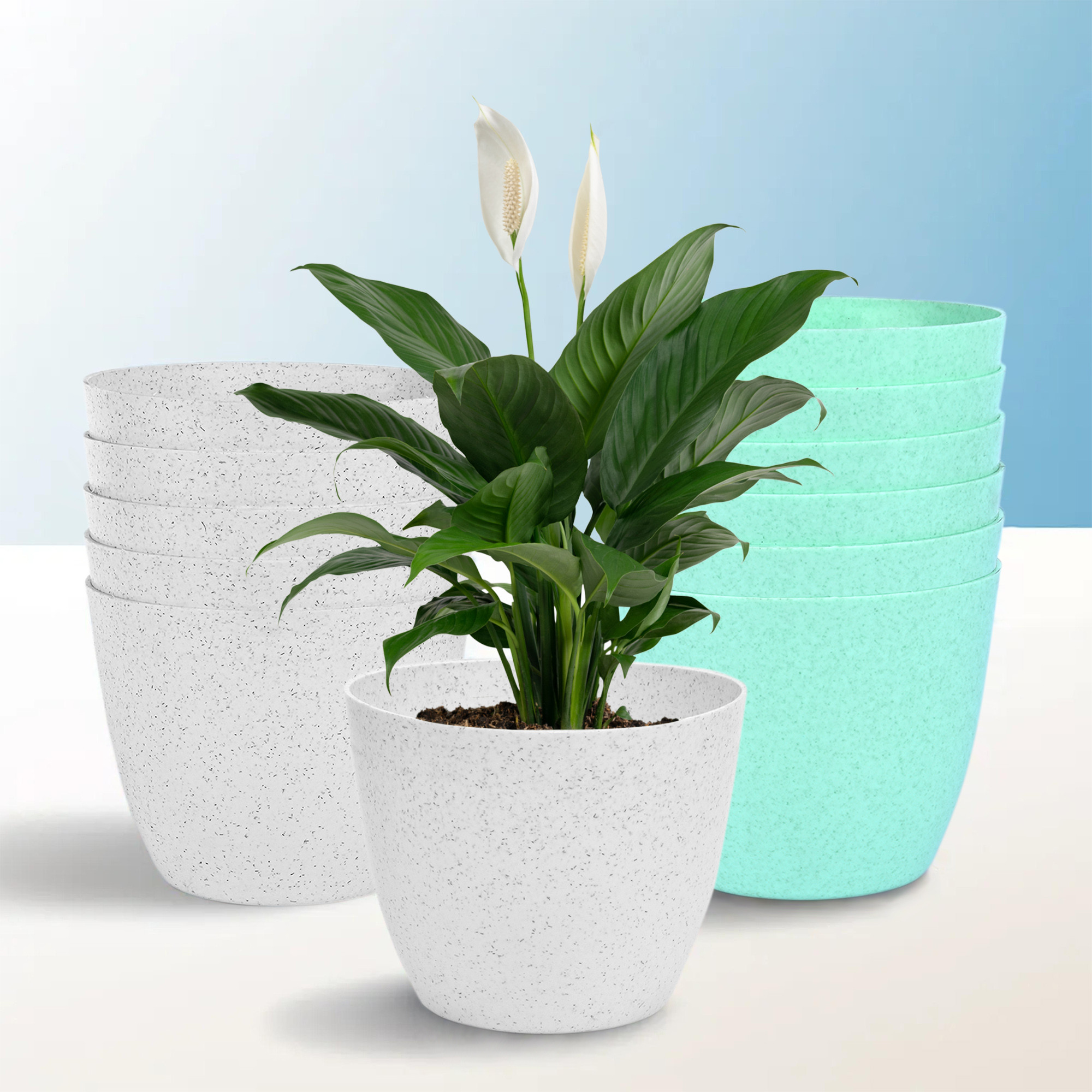 Kuber Industries Flower Pot | Flower Pot for Living Room-Office | Flower Planters for Home-office-Lawns & Garden Décor | Flower Pots for Balcony | Marble Cool | 5 Inch | White & Mint Green