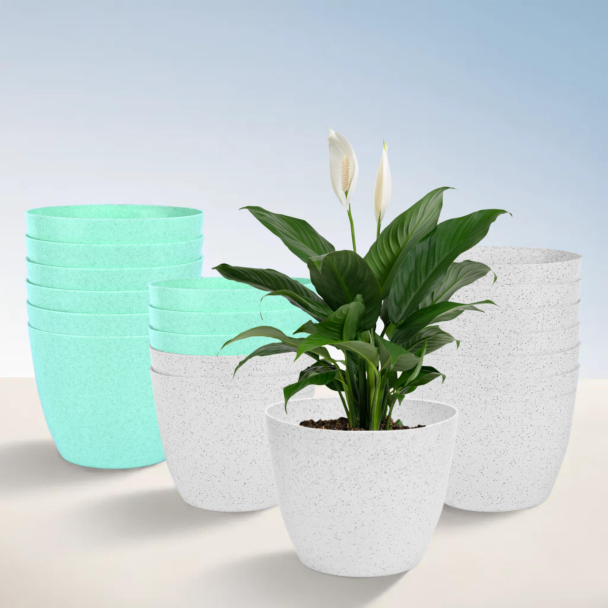 Kuber Industries Flower Pot | Flower Pot for Living Room-Office | Flower Planters for Home-office-Lawns & Garden Décor | Flower Pots for Balcony | Marble Cool | 5 Inch | White & Mint Green