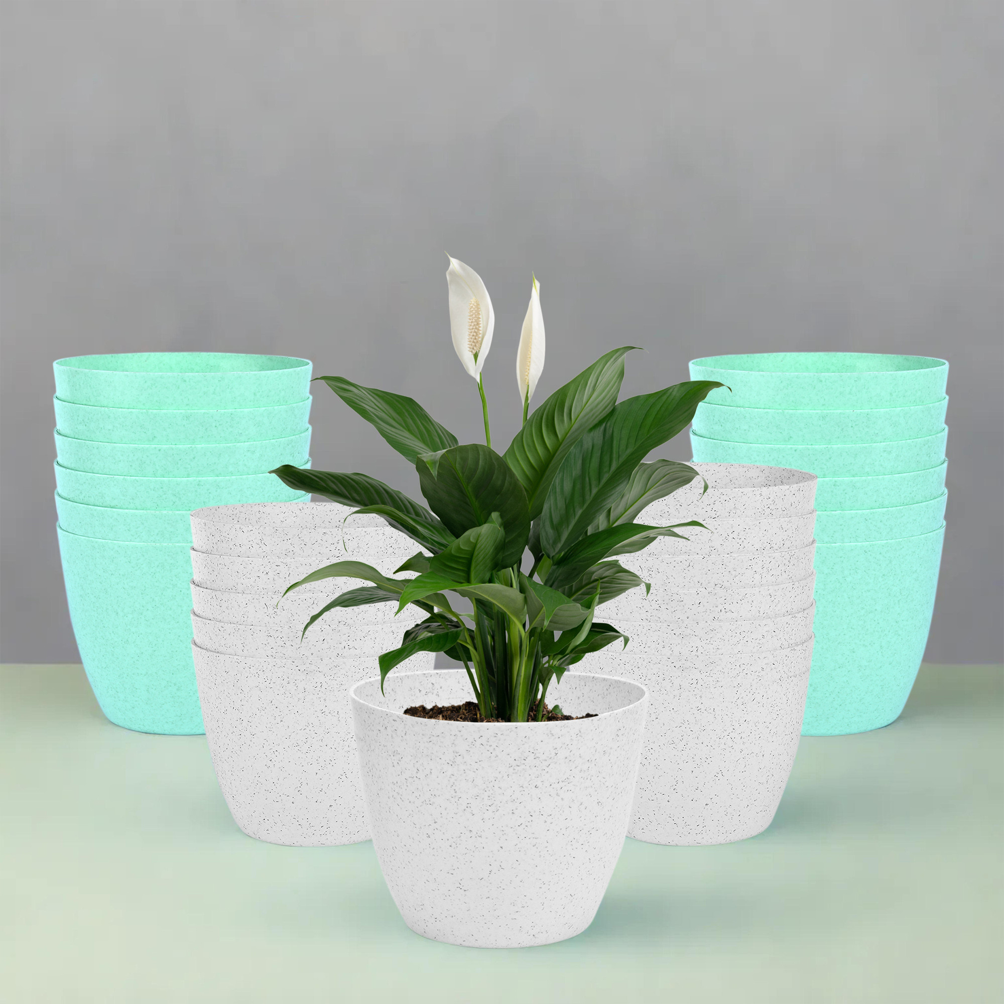 Kuber Industries Flower Pot | Flower Pot for Living Room-Office | Flower Planters for Home-office-Lawns & Garden Décor | Flower Pots for Balcony | Marble Cool | 5 Inch | White & Mint Green