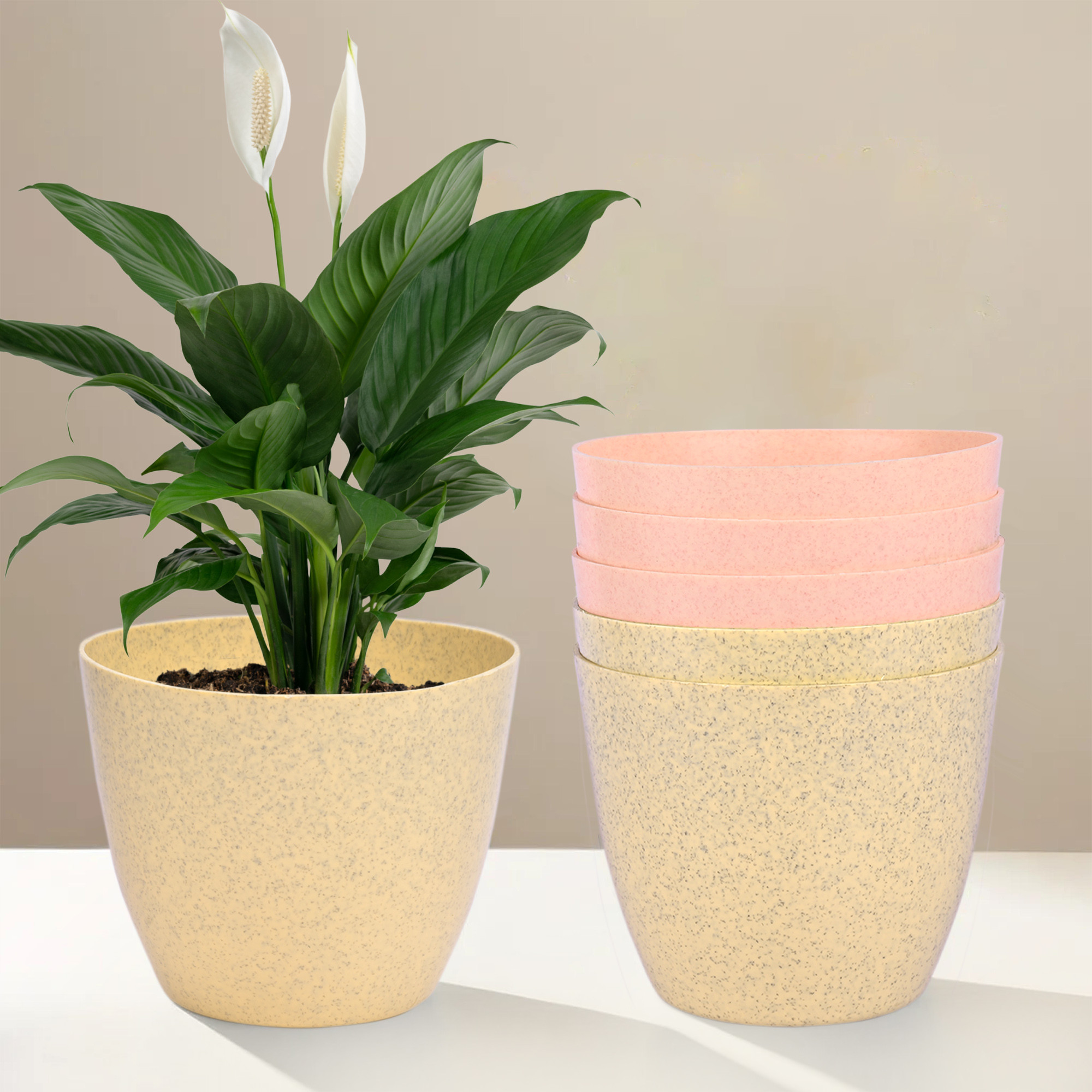 Kuber Industries Flower Pot | Flower Pot for Living Room-Office | Flower Planters for Home-office-Lawns & Garden Décor | Planters Pots for Balcony | Marble Cool | 5 Inch | Beige & Peach