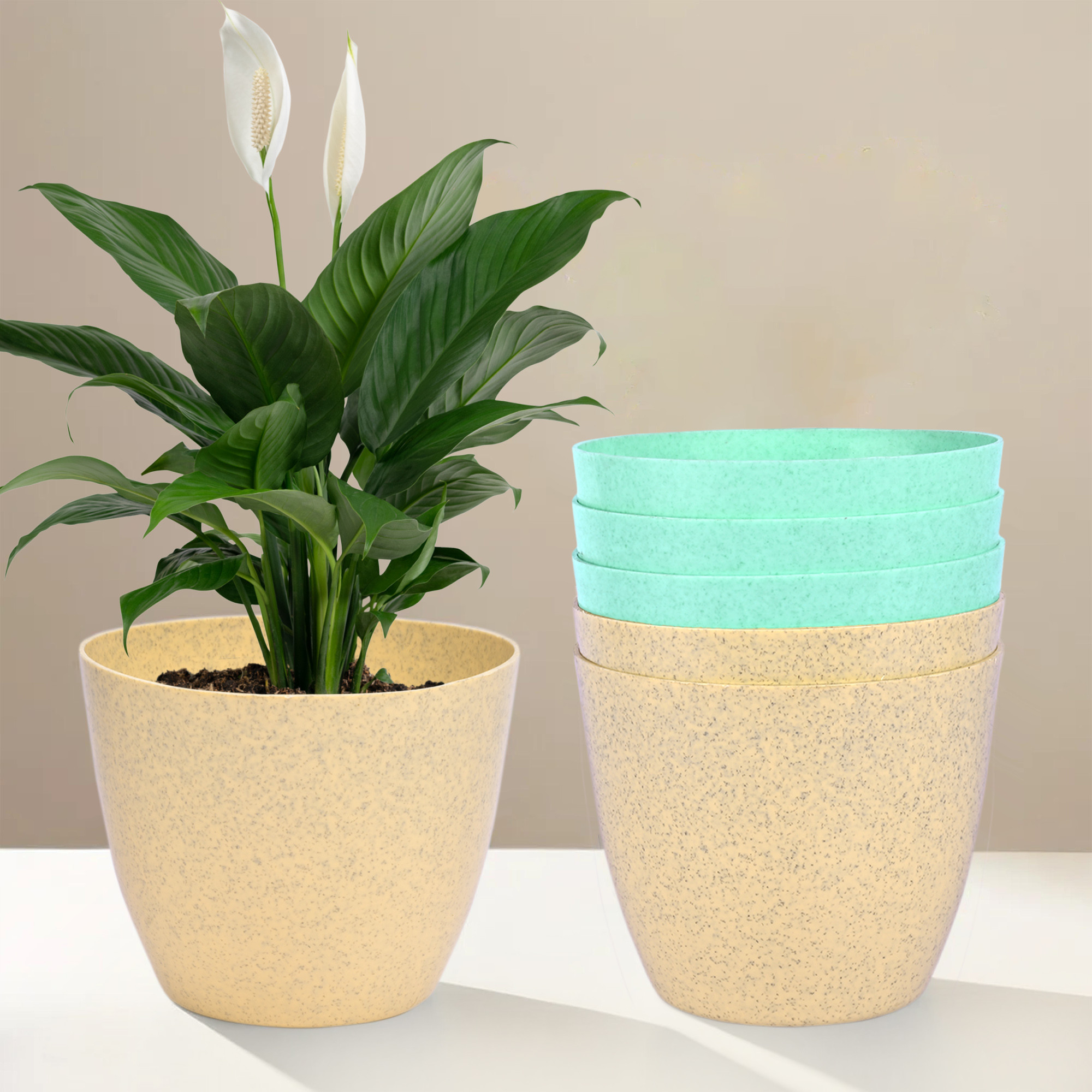 Kuber Industries Flower Pot | Flower Pot for Living Room-Office | Flower Planters for Home-office-Lawns & Garden Décor | Flower Pots for Balcony | Marble Cool | 5 Inch | Beige & Mint Green