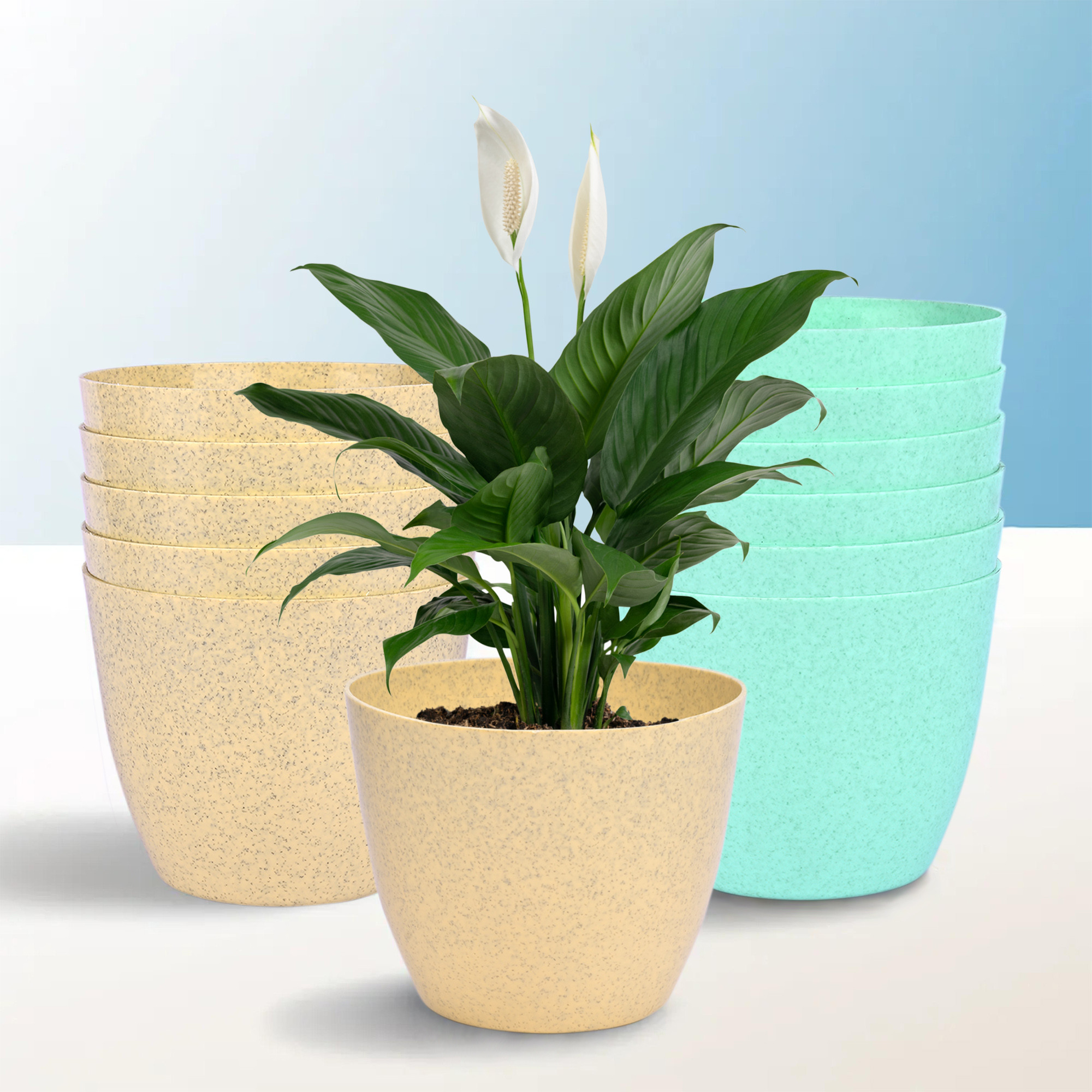 Kuber Industries Flower Pot | Flower Pot for Living Room-Office | Flower Planters for Home-office-Lawns & Garden Décor | Flower Pots for Balcony | Marble Cool | 5 Inch | Beige & Mint Green