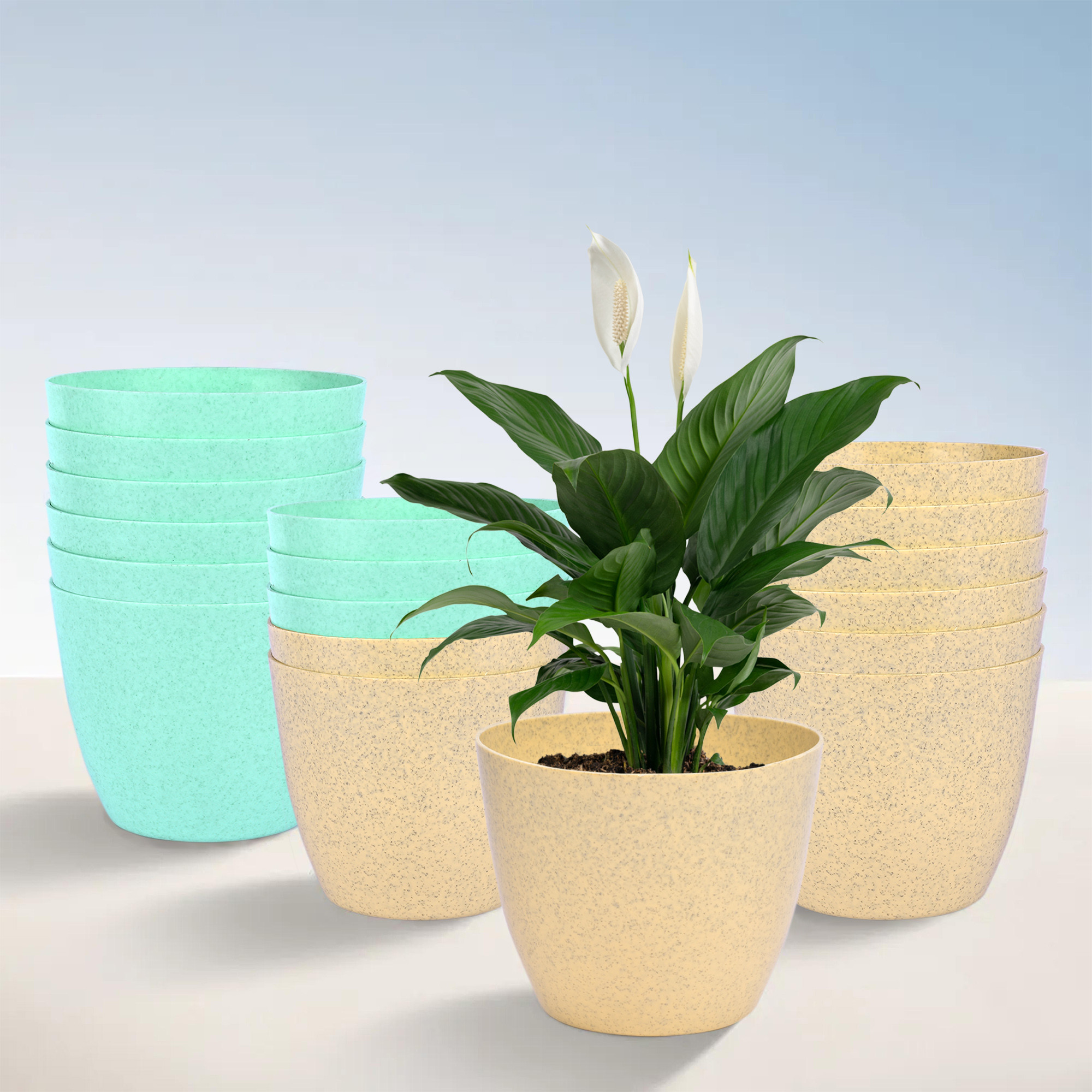 Kuber Industries Flower Pot | Flower Pot for Living Room-Office | Flower Planters for Home-office-Lawns & Garden Décor | Flower Pots for Balcony | Marble Cool | 5 Inch | Beige & Mint Green