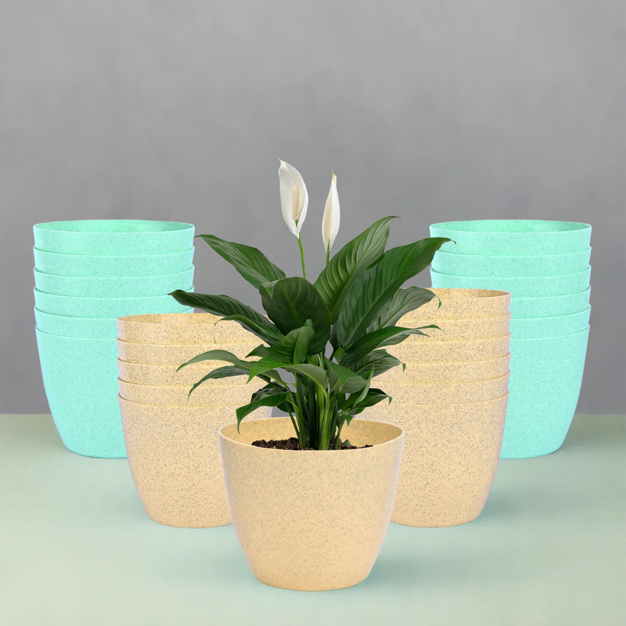 Kuber Industries Flower Pot | Flower Pot for Living Room-Office | Flower Planters for Home-office-Lawns & Garden Décor | Flower Pots for Balcony | Marble Cool | 5 Inch | Beige & Mint Green