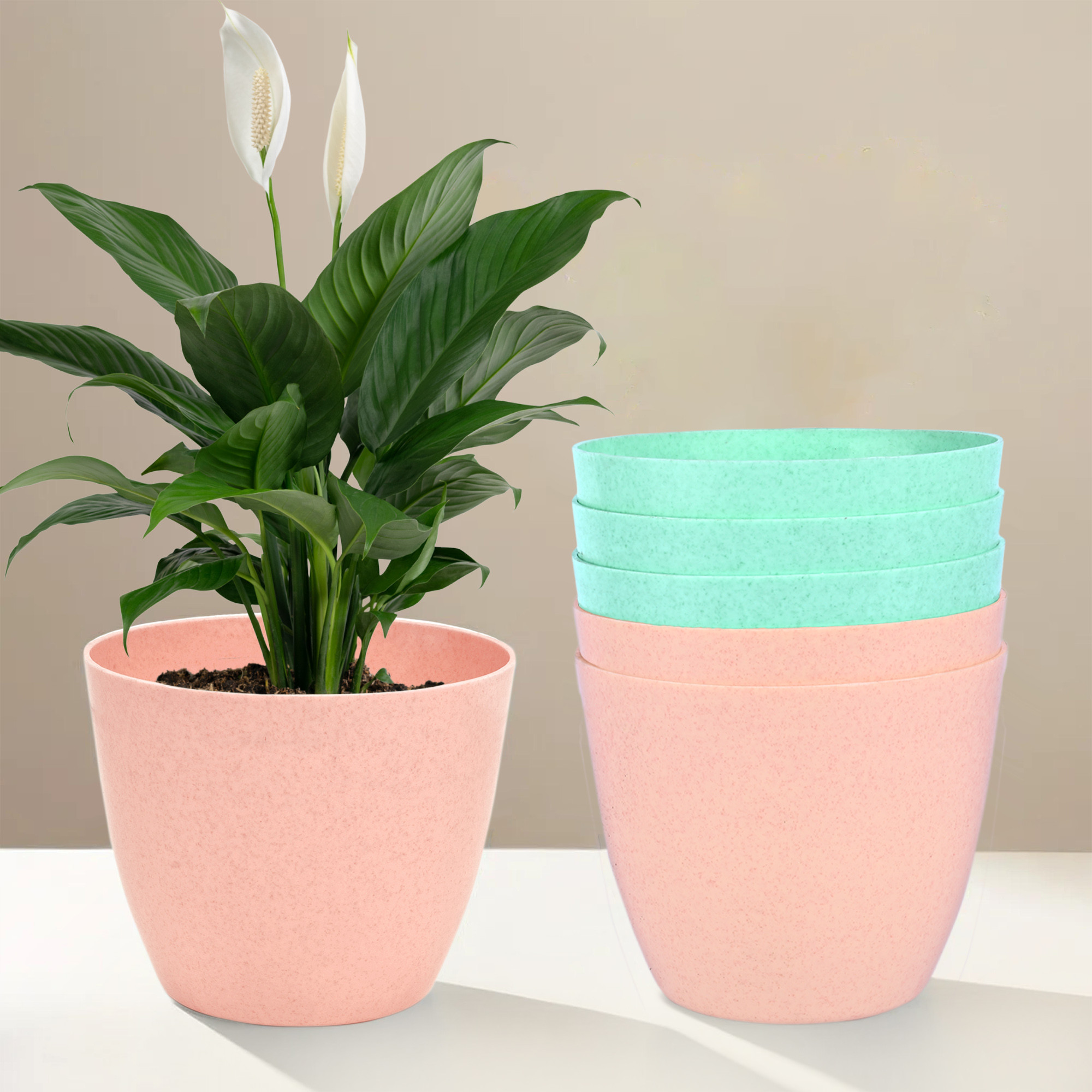Kuber Industries Flower Pot | Flower Pot for Living Room-Office | Flower Planters for Home-office-Lawns & Garden Décor | Flower Pots for Balcony | Marble Cool | 5 Inch | Peach & Mint Green