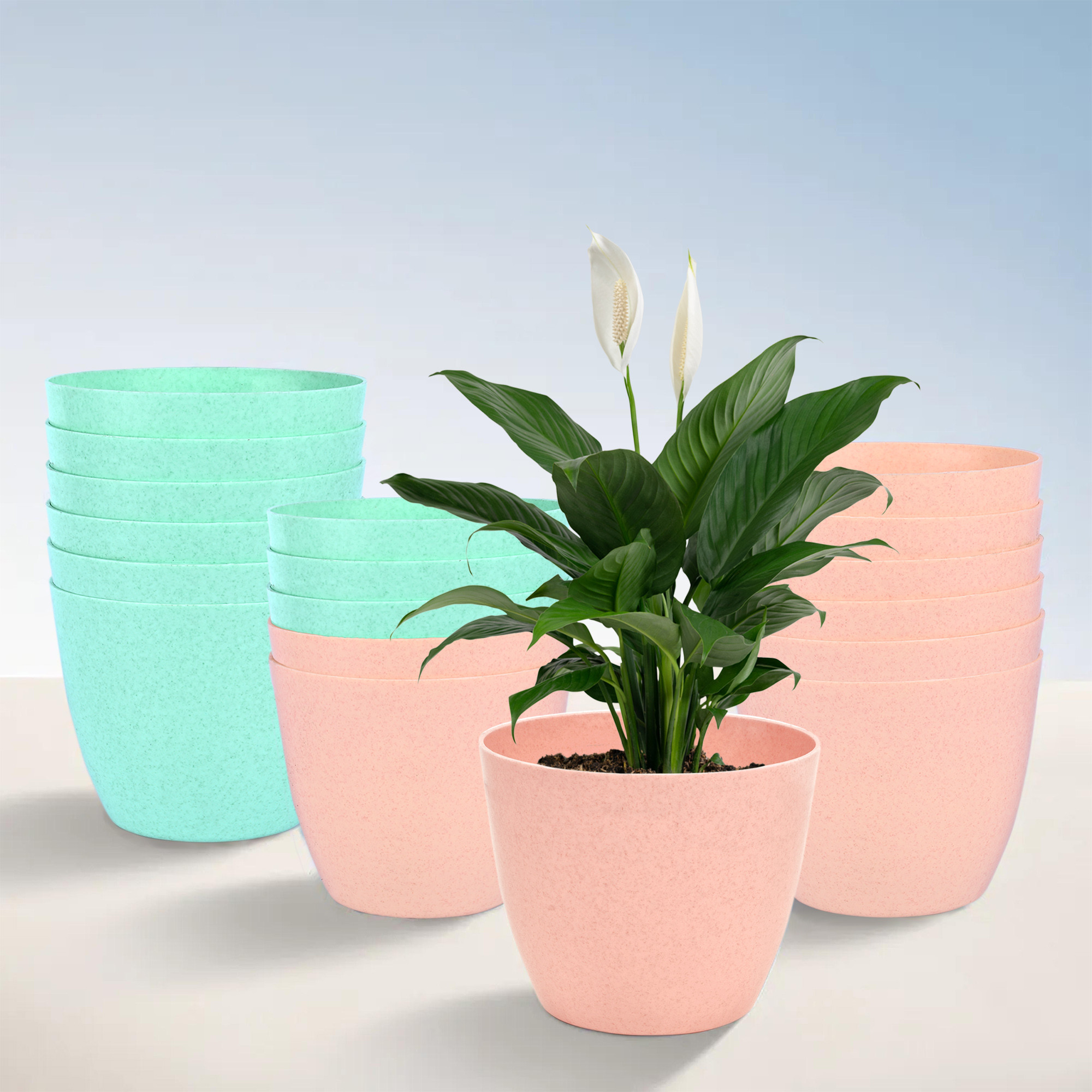 Kuber Industries Flower Pot | Flower Pot for Living Room-Office | Flower Planters for Home-office-Lawns & Garden Décor | Flower Pots for Balcony | Marble Cool | 5 Inch | Peach & Mint Green