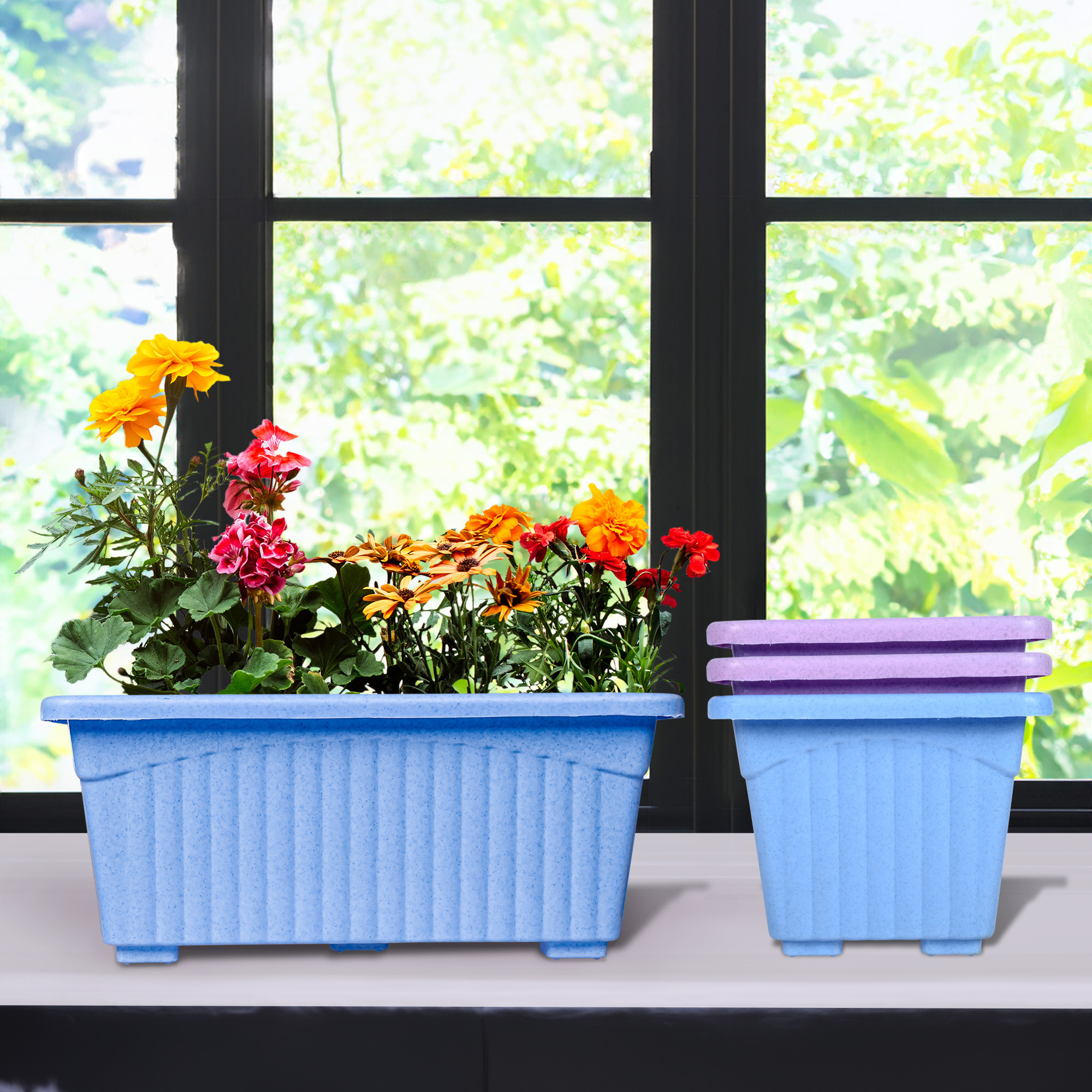 Kuber Industries Flower Pot | Flower Pot for Living Room-Office | Planters for Home-Lawns & Gardening | Window Flower Pots for Balcony | Marble Jupitar | Sky Blue & Purple