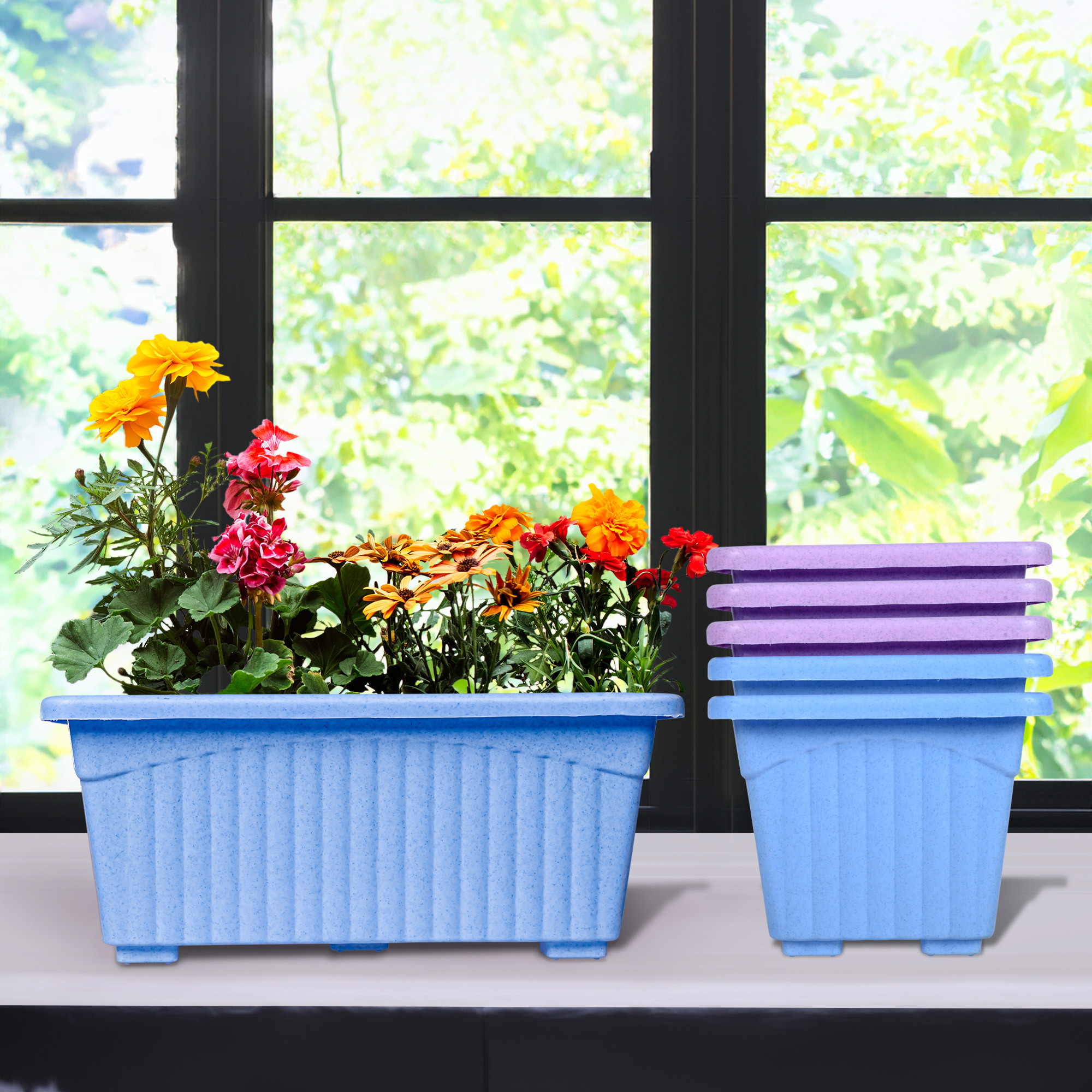 Kuber Industries Flower Pot | Flower Pot for Living Room-Office | Planters for Home-Lawns & Gardening | Window Flower Pots for Balcony | Marble Jupitar | Sky Blue & Purple