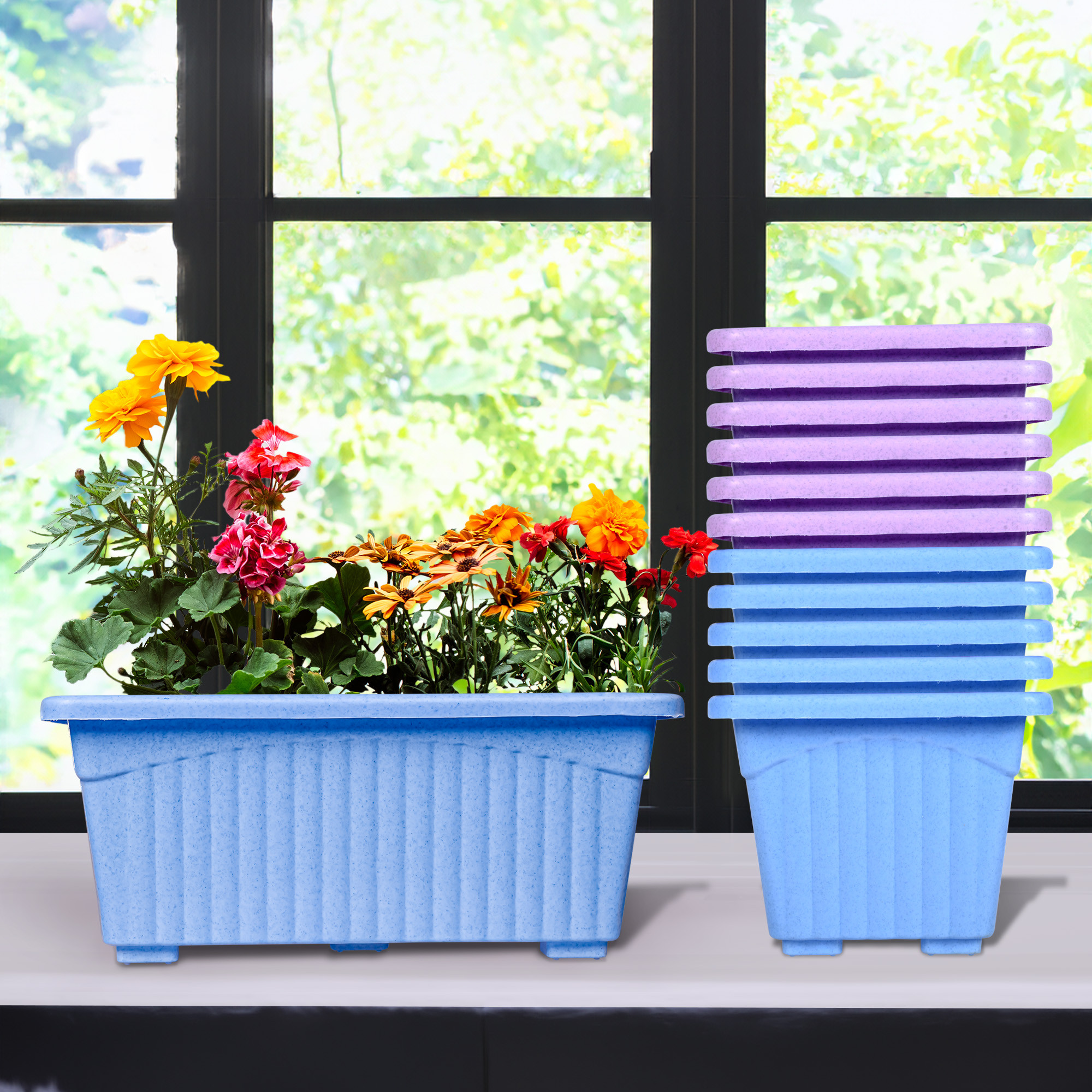Kuber Industries Flower Pot | Flower Pot for Living Room-Office | Planters for Home-Lawns & Gardening | Window Flower Pots for Balcony | Marble Jupitar | Sky Blue & Purple
