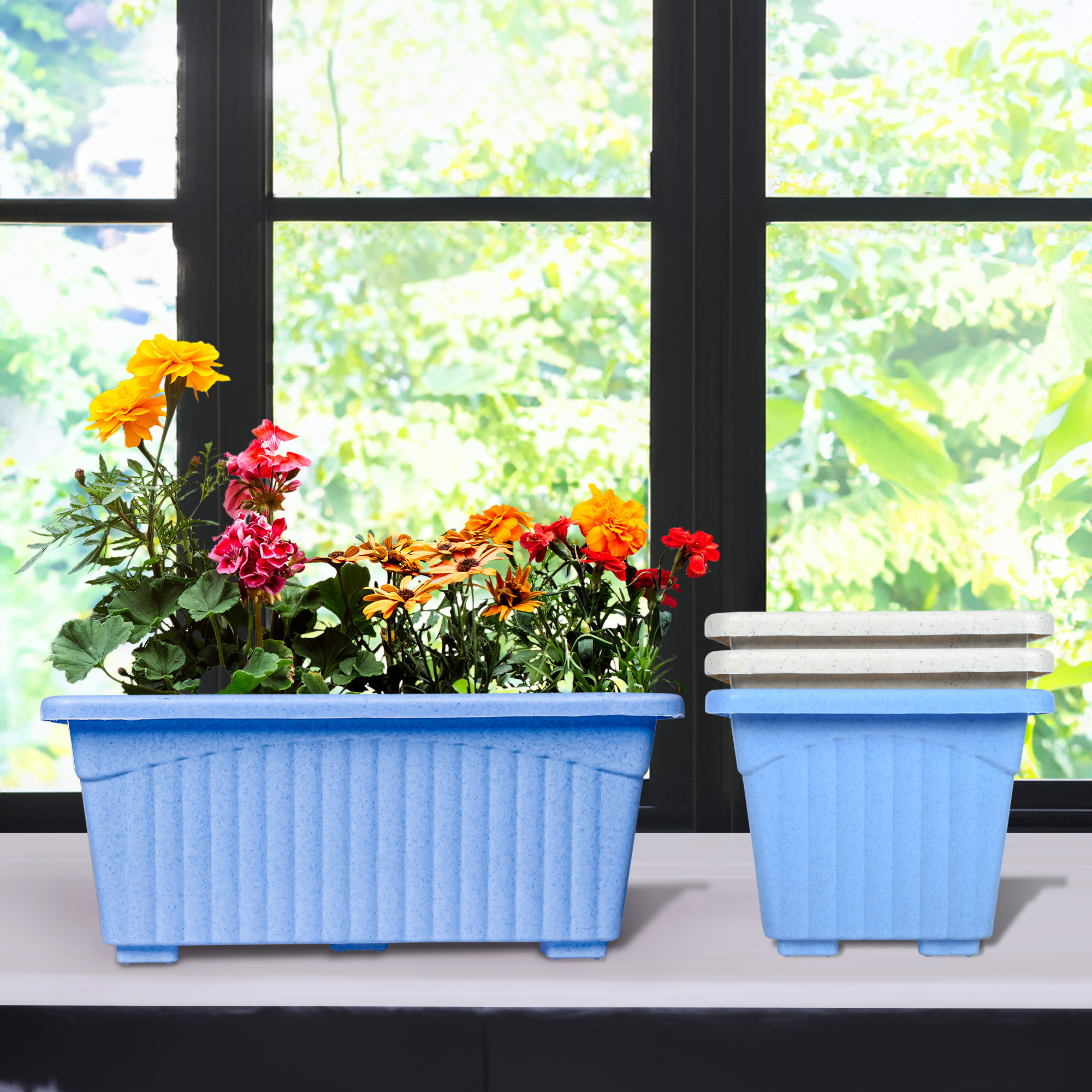 Kuber Industries Flower Pot | Flower Pot for Living Room-Office | Planters for Home-Lawns & Gardening | Window Flower Pots for Balcony | Marble Jupitar | Sky Blue & White