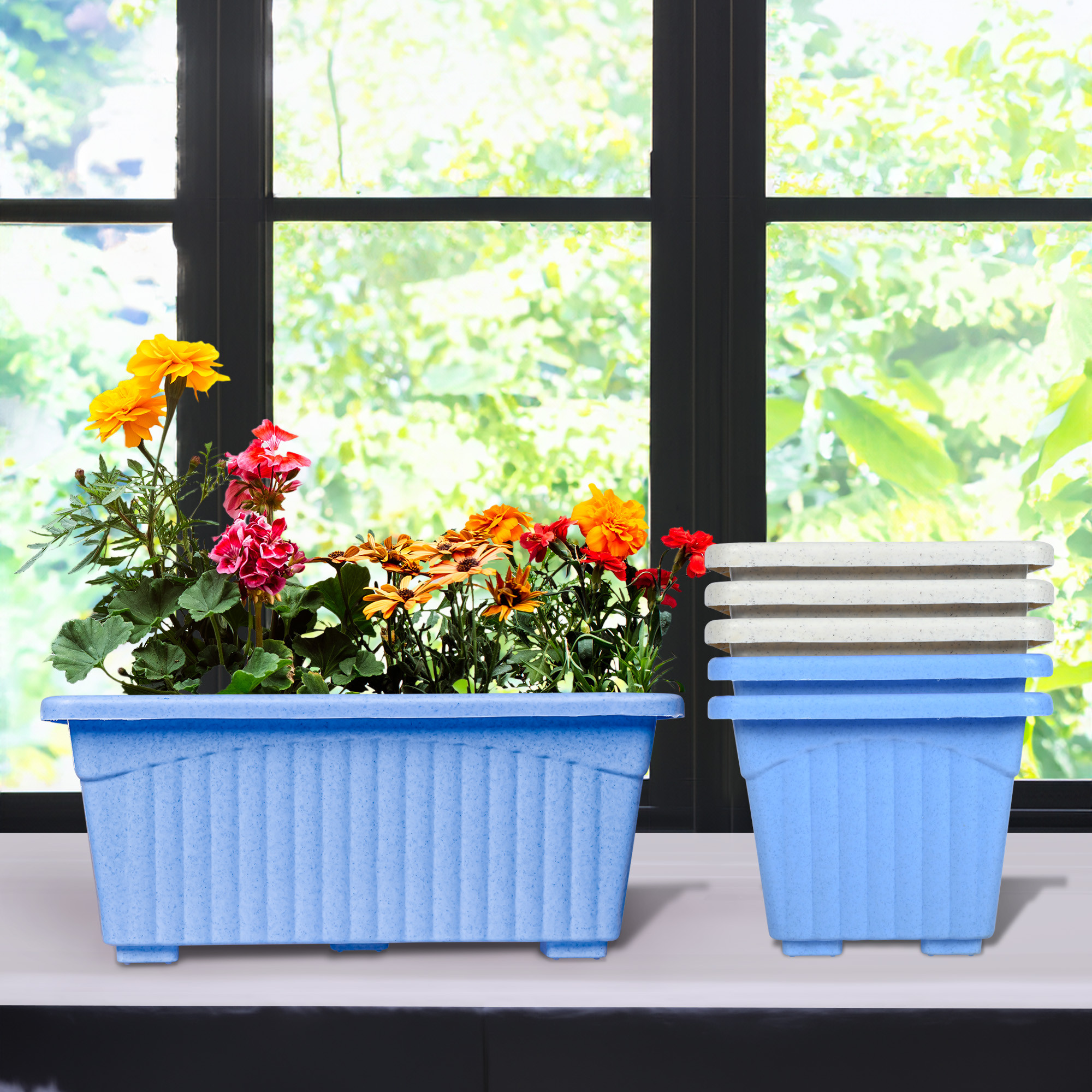 Kuber Industries Flower Pot | Flower Pot for Living Room-Office | Planters for Home-Lawns & Gardening | Window Flower Pots for Balcony | Marble Jupitar | Sky Blue & White