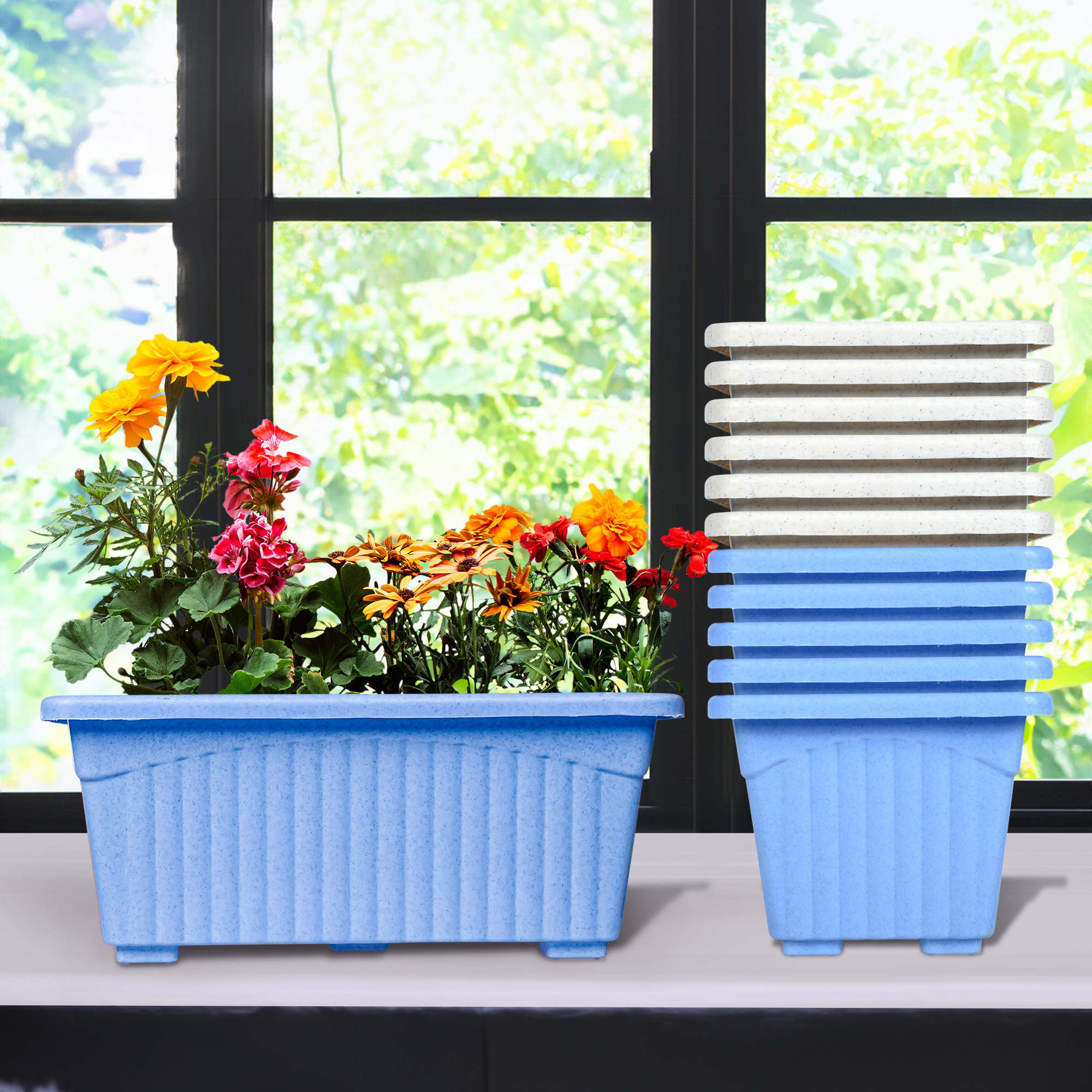Kuber Industries Flower Pot | Flower Pot for Living Room-Office | Planters for Home-Lawns & Gardening | Window Flower Pots for Balcony | Marble Jupitar | Sky Blue & White