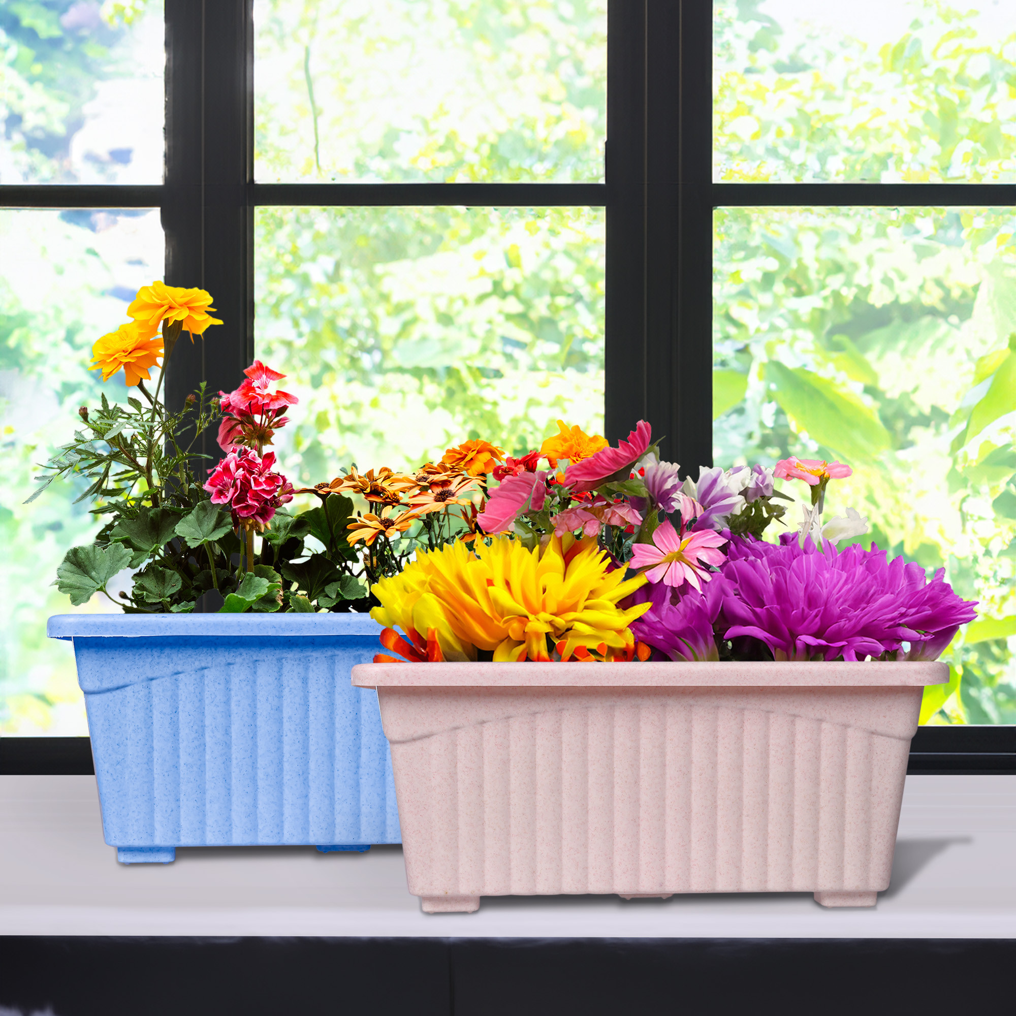 Kuber Industries Flower Pot | Flower Pot for Living Room-Office | Planters for Home-Lawns & Gardening | Window Flower Pots for Balcony | Marble Jupitar | Sky Blue & Pink