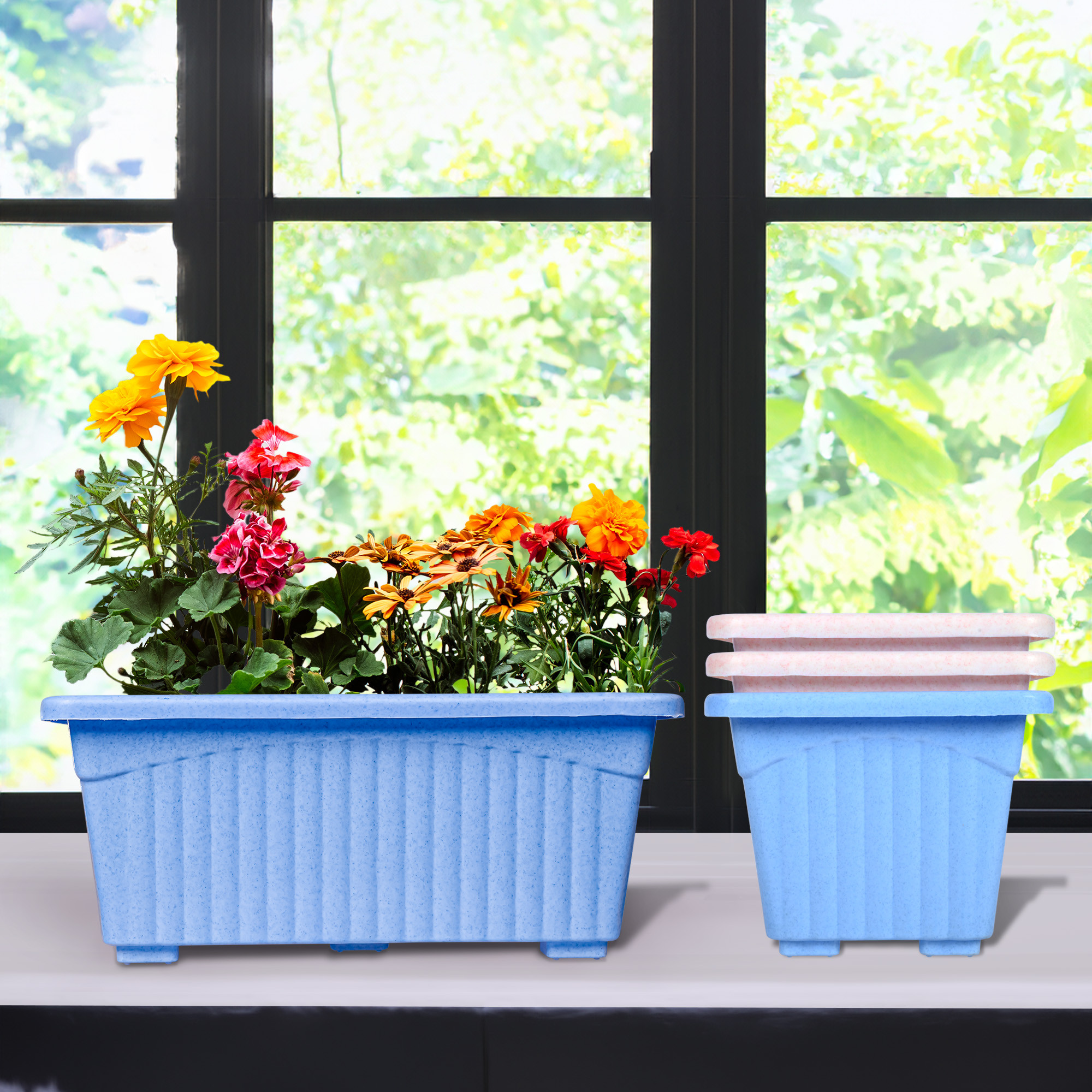 Kuber Industries Flower Pot | Flower Pot for Living Room-Office | Planters for Home-Lawns & Gardening | Window Flower Pots for Balcony | Marble Jupitar | Sky Blue & Pink