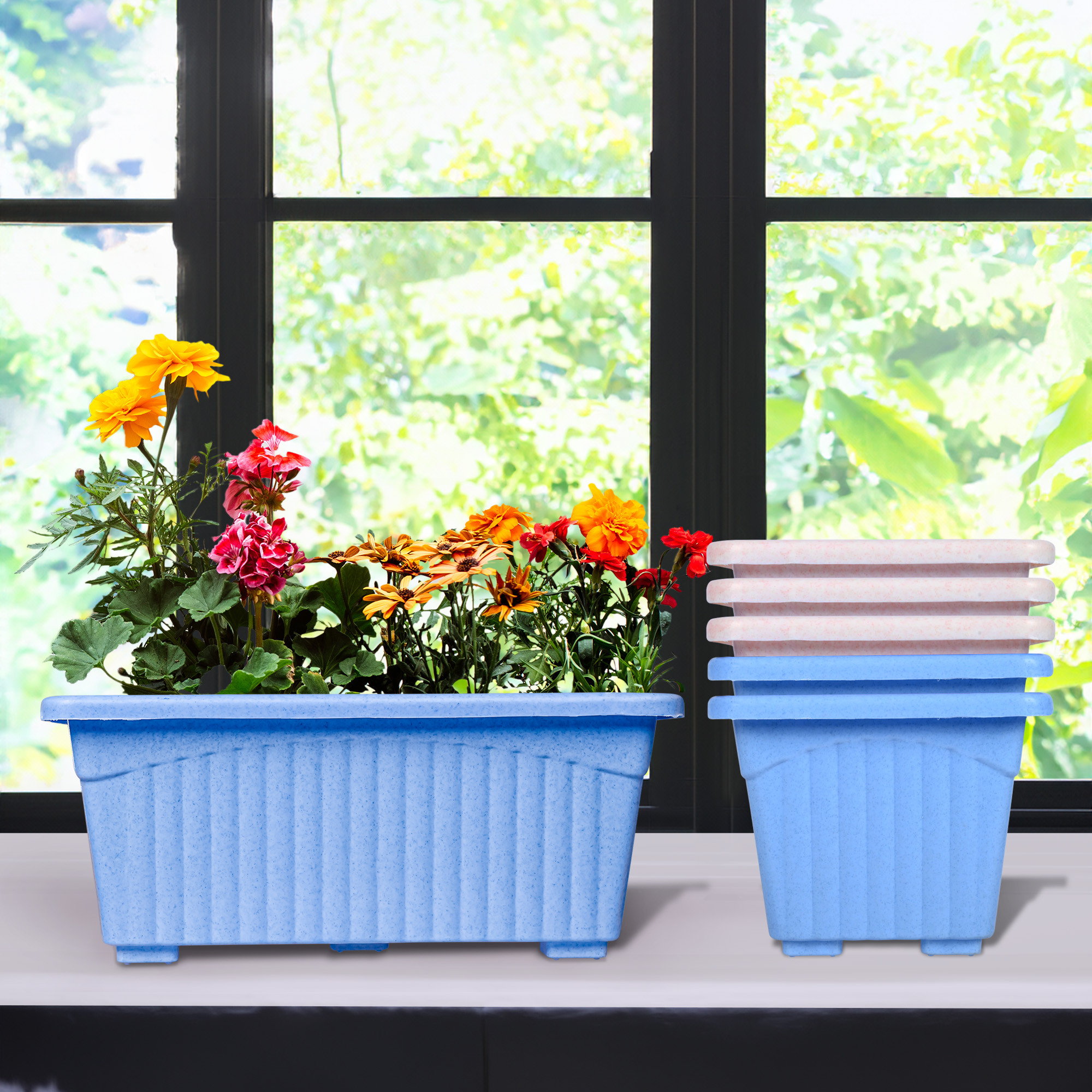 Kuber Industries Flower Pot | Flower Pot for Living Room-Office | Planters for Home-Lawns & Gardening | Window Flower Pots for Balcony | Marble Jupitar | Sky Blue & Pink