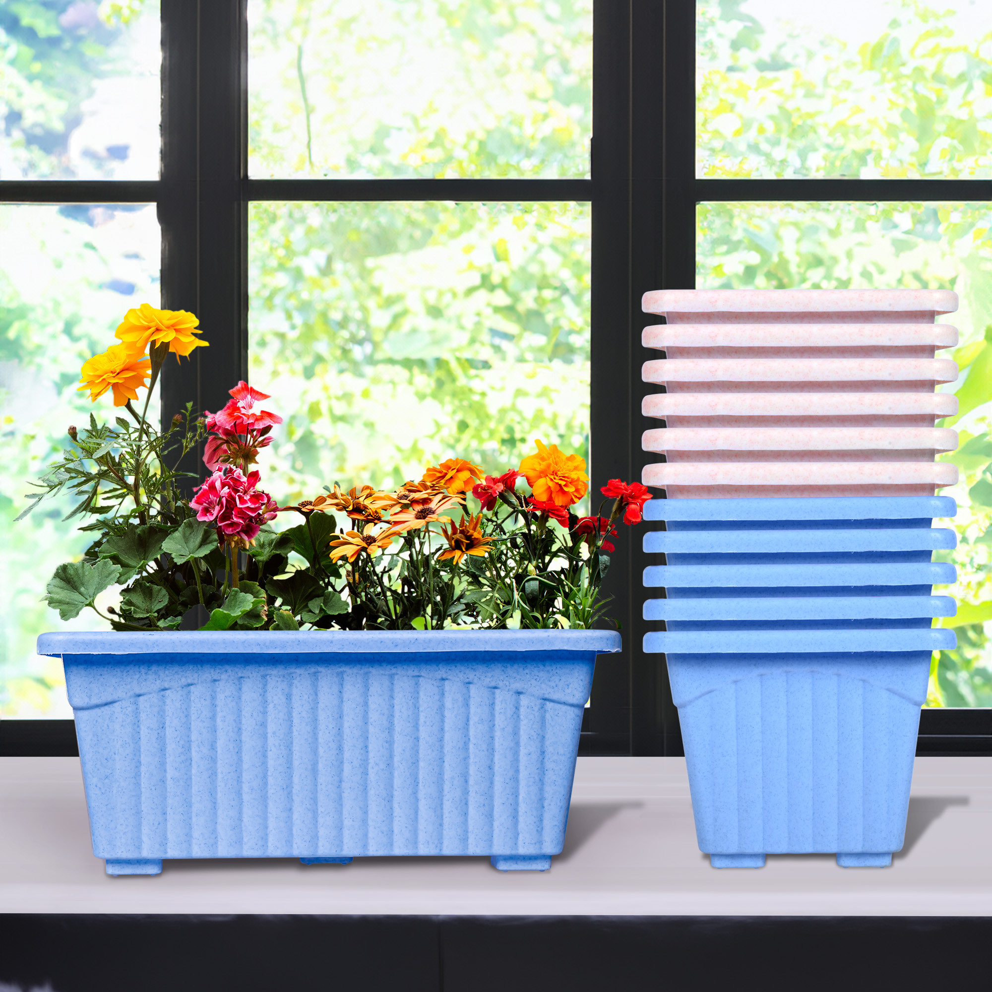 Kuber Industries Flower Pot | Flower Pot for Living Room-Office | Planters for Home-Lawns & Gardening | Window Flower Pots for Balcony | Marble Jupitar | Sky Blue & Pink