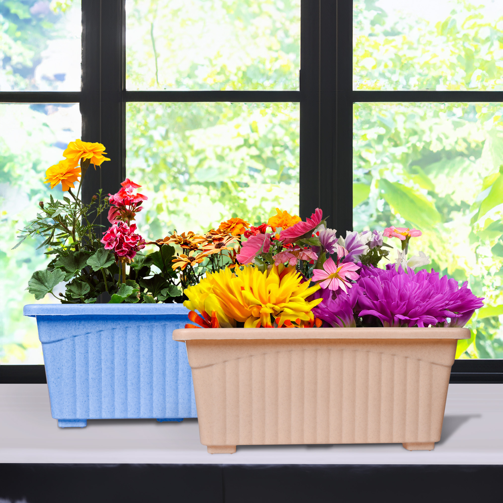 Kuber Industries Flower Pot | Flower Pot for Living Room-Office | Planters for Home-Lawns & Gardening | Window Flower Pots for Balcony | Marble Jupitar | Sky Blue & Peach