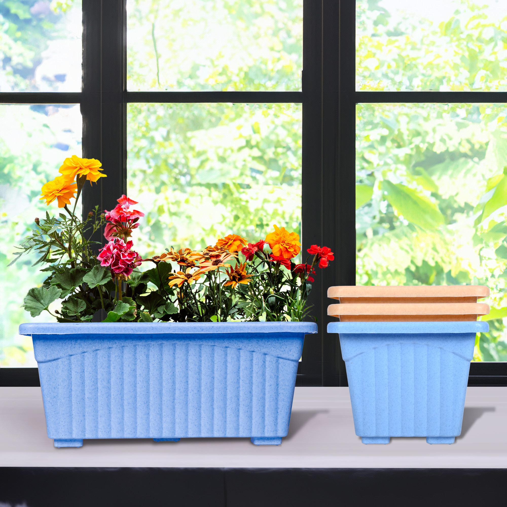Kuber Industries Flower Pot | Flower Pot for Living Room-Office | Planters for Home-Lawns & Gardening | Window Flower Pots for Balcony | Marble Jupitar | Sky Blue & Peach