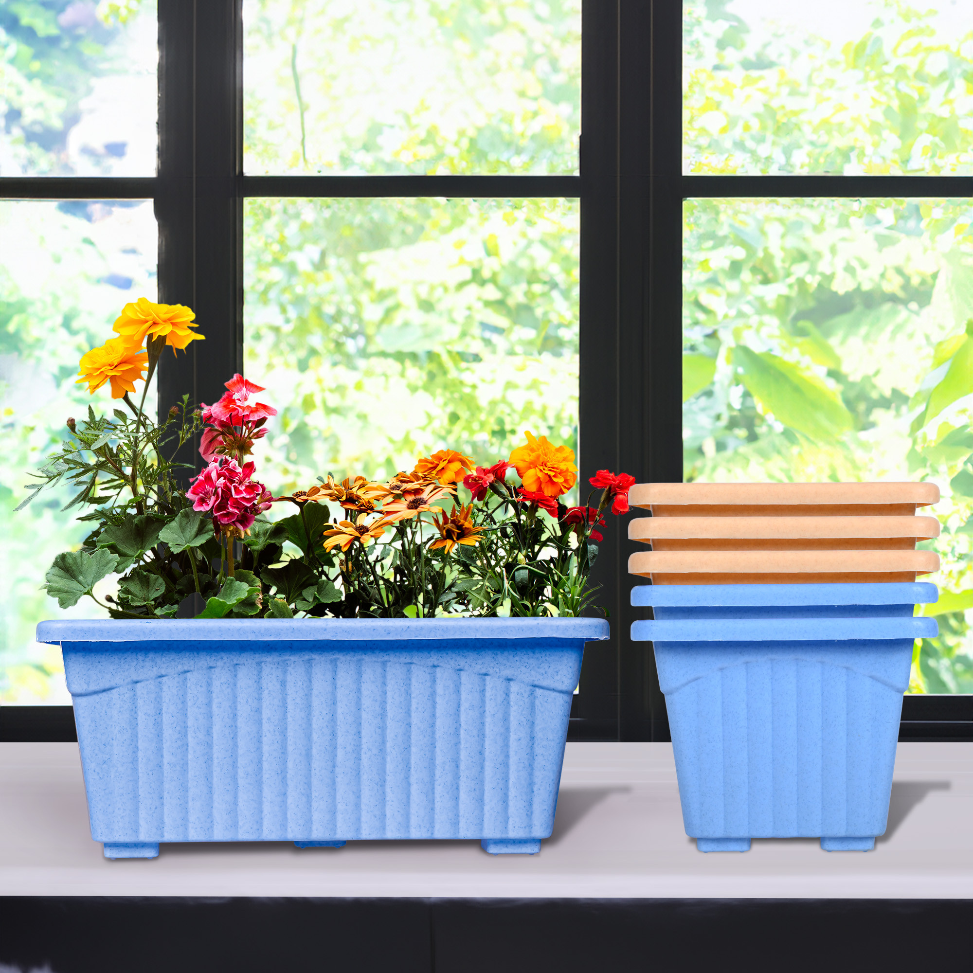 Kuber Industries Flower Pot | Flower Pot for Living Room-Office | Planters for Home-Lawns & Gardening | Window Flower Pots for Balcony | Marble Jupitar | Sky Blue & Peach