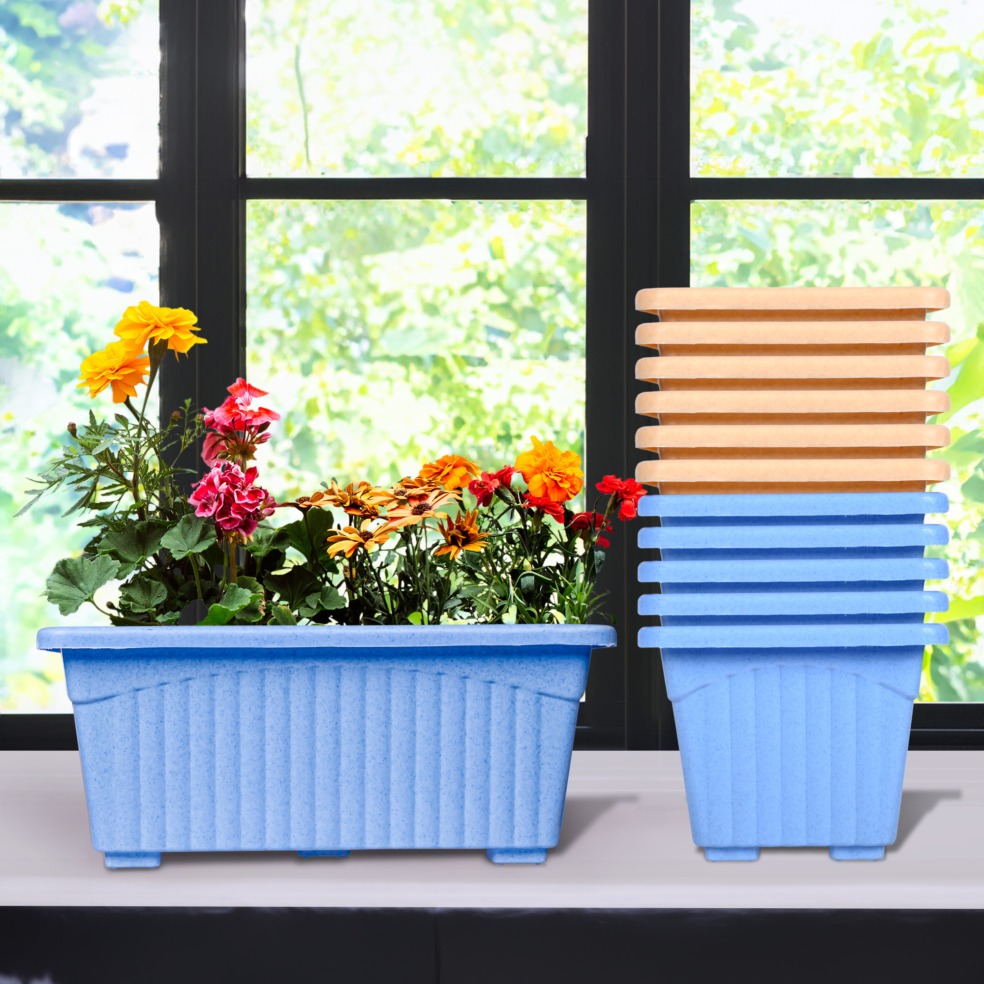Kuber Industries Flower Pot | Flower Pot for Living Room-Office | Planters for Home-Lawns & Gardening | Window Flower Pots for Balcony | Marble Jupitar | Sky Blue & Peach