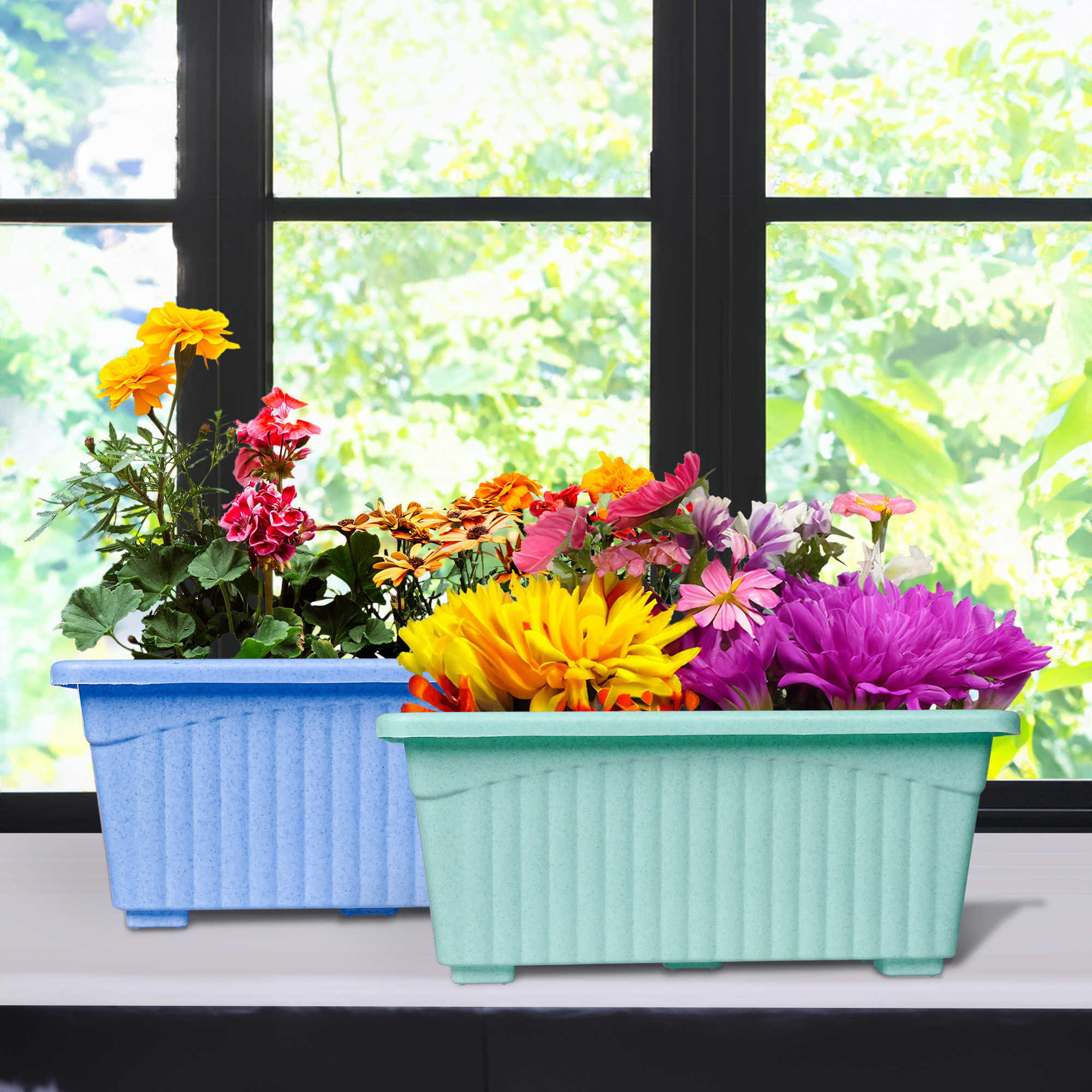 Kuber Industries Flower Pot | Flower Pot for Living Room-Office | Planters for Home-Lawns & Gardening | Window Flower Pots for Balcony | Marble Jupitar | Sky Blue & Green