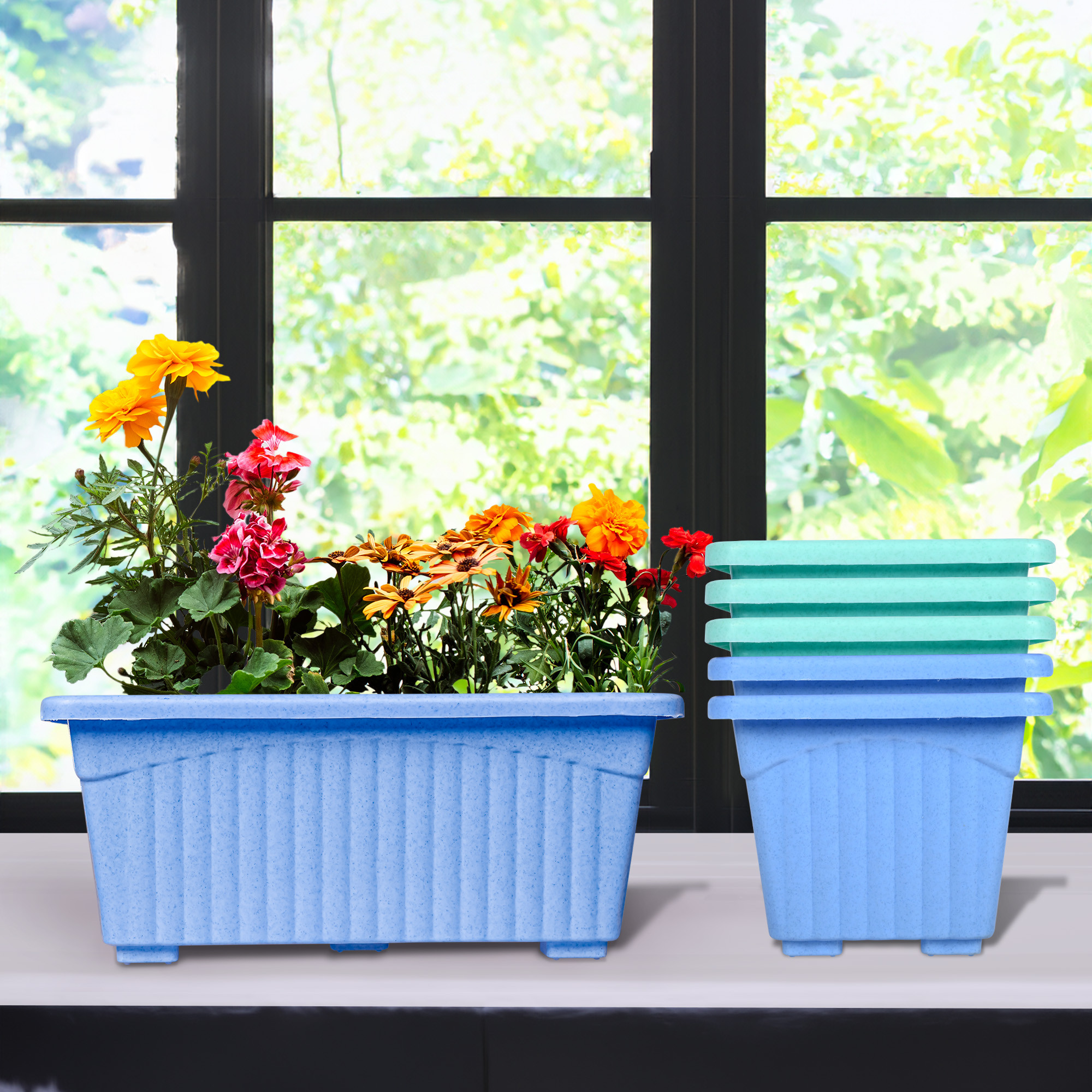 Kuber Industries Flower Pot | Flower Pot for Living Room-Office | Planters for Home-Lawns & Gardening | Window Flower Pots for Balcony | Marble Jupitar | Sky Blue & Green
