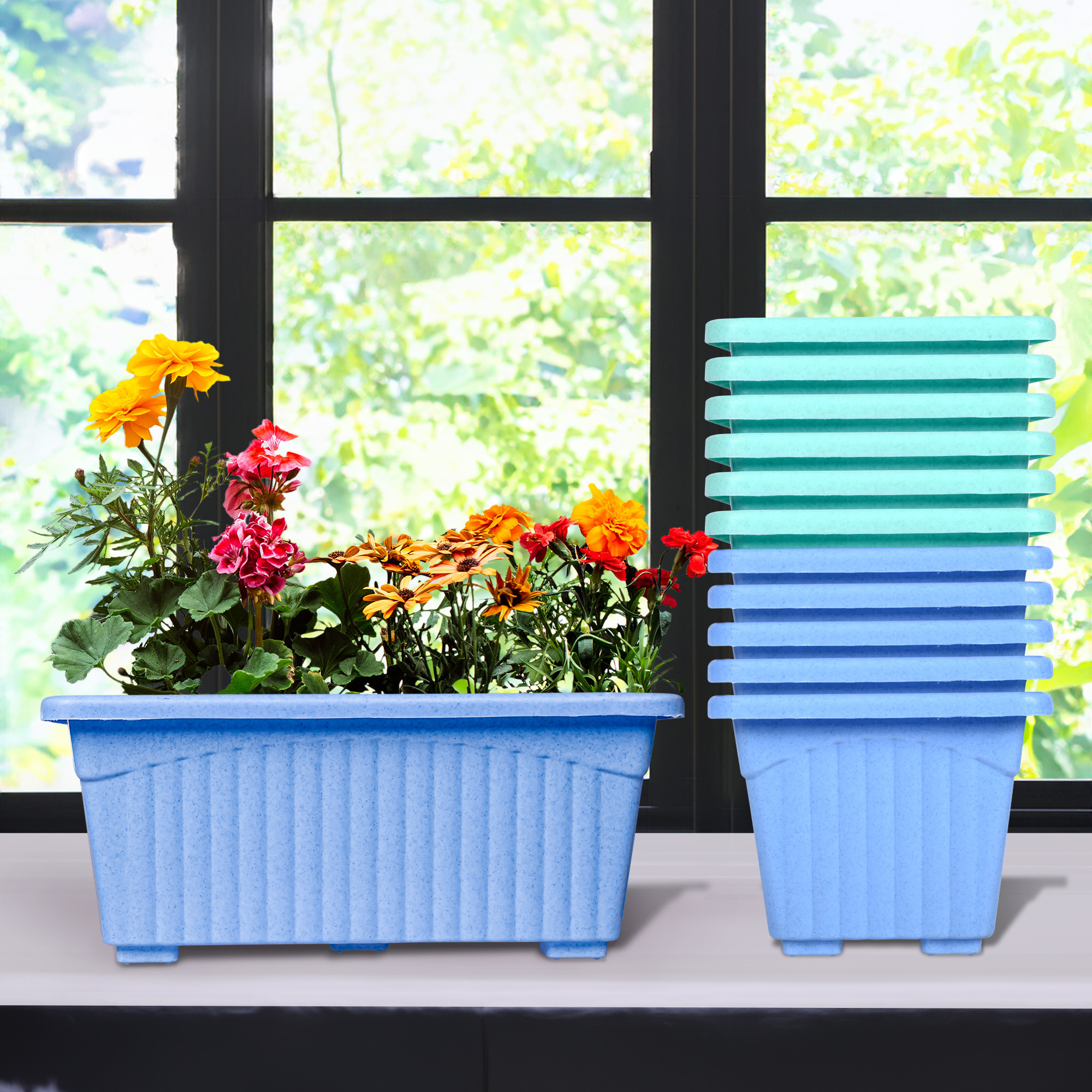 Kuber Industries Flower Pot | Flower Pot for Living Room-Office | Planters for Home-Lawns & Gardening | Window Flower Pots for Balcony | Marble Jupitar | Sky Blue & Green