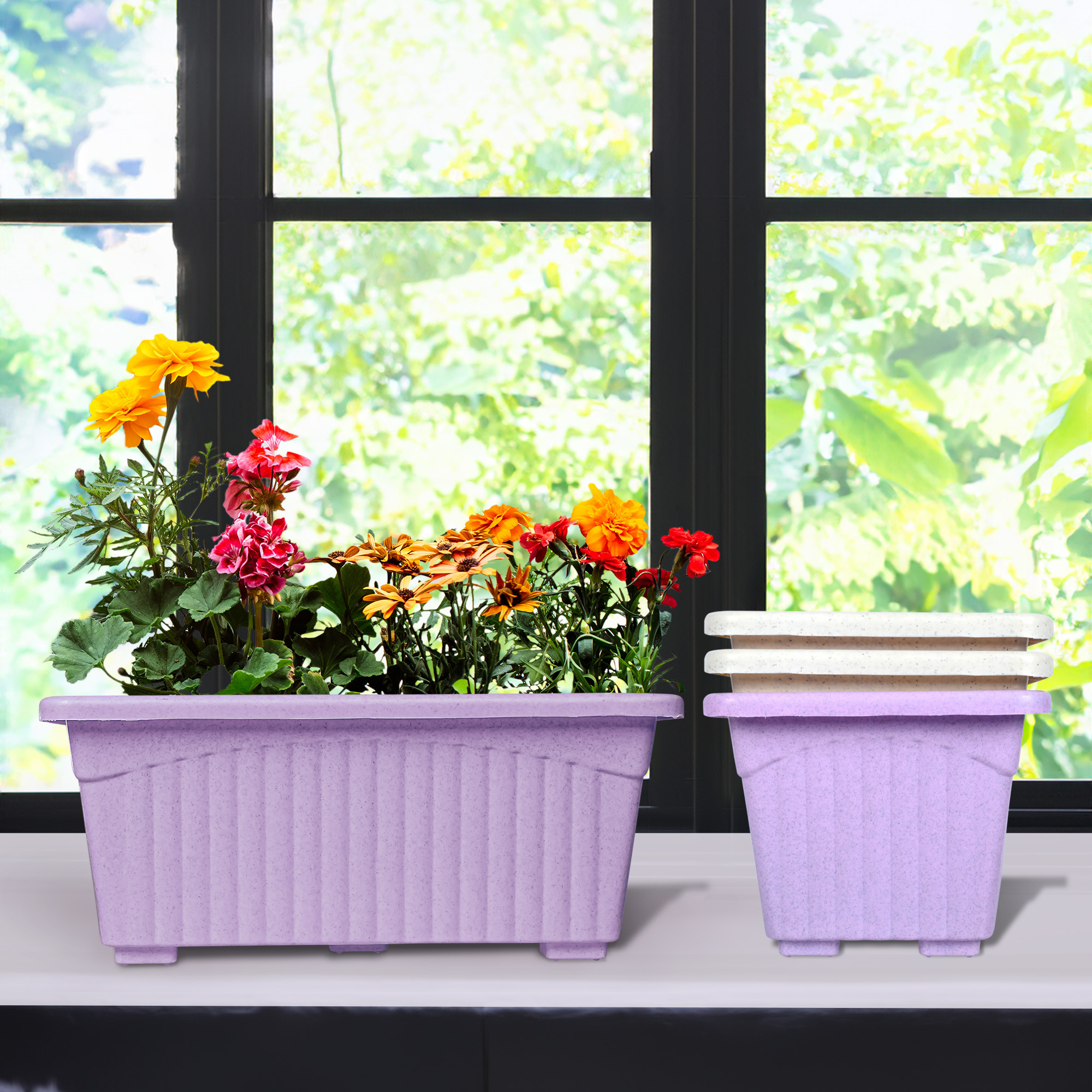 Kuber Industries Flower Pot | Flower Pot for Living Room-Office | Planters for Home-Lawns & Gardening | Window Flower Pots for Balcony | Marble Jupitar | Purple & White