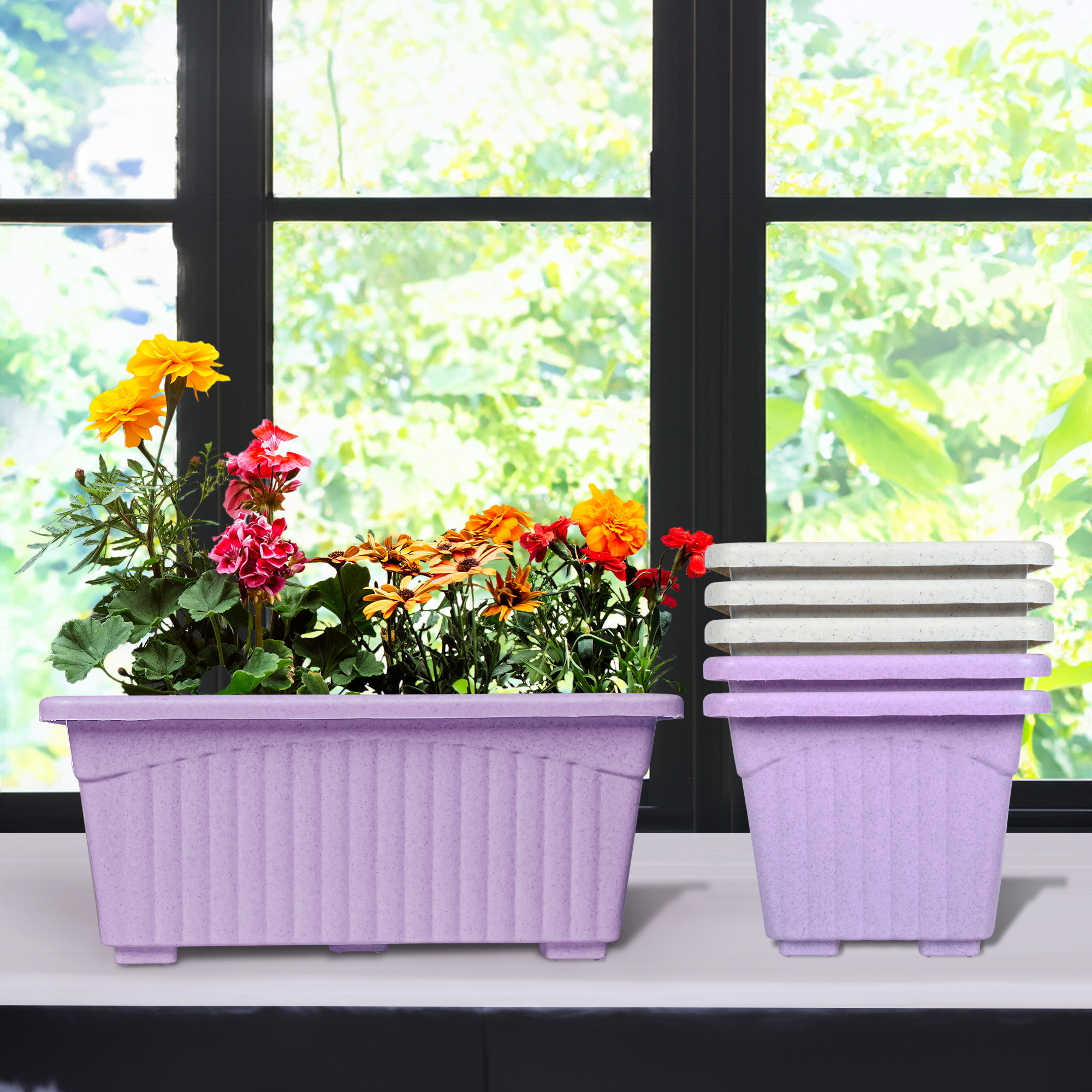 Kuber Industries Flower Pot | Flower Pot for Living Room-Office | Planters for Home-Lawns & Gardening | Window Flower Pots for Balcony | Marble Jupitar | Purple & White