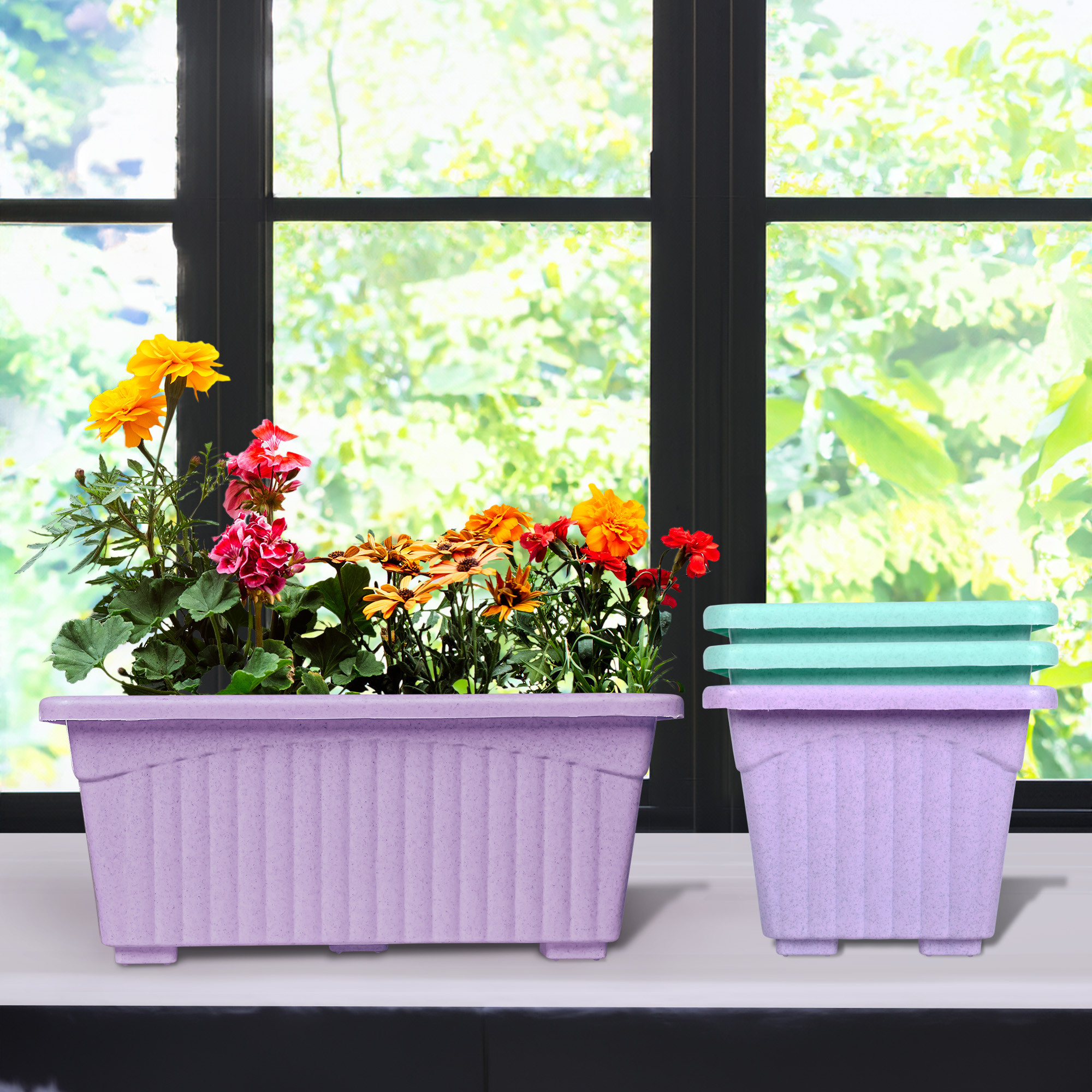 Kuber Industries Flower Pot | Flower Pot for Living Room-Office | Planters for Home-Lawns & Gardening | Window Flower Pots for Balcony | Marble Jupitar | Purple & Green