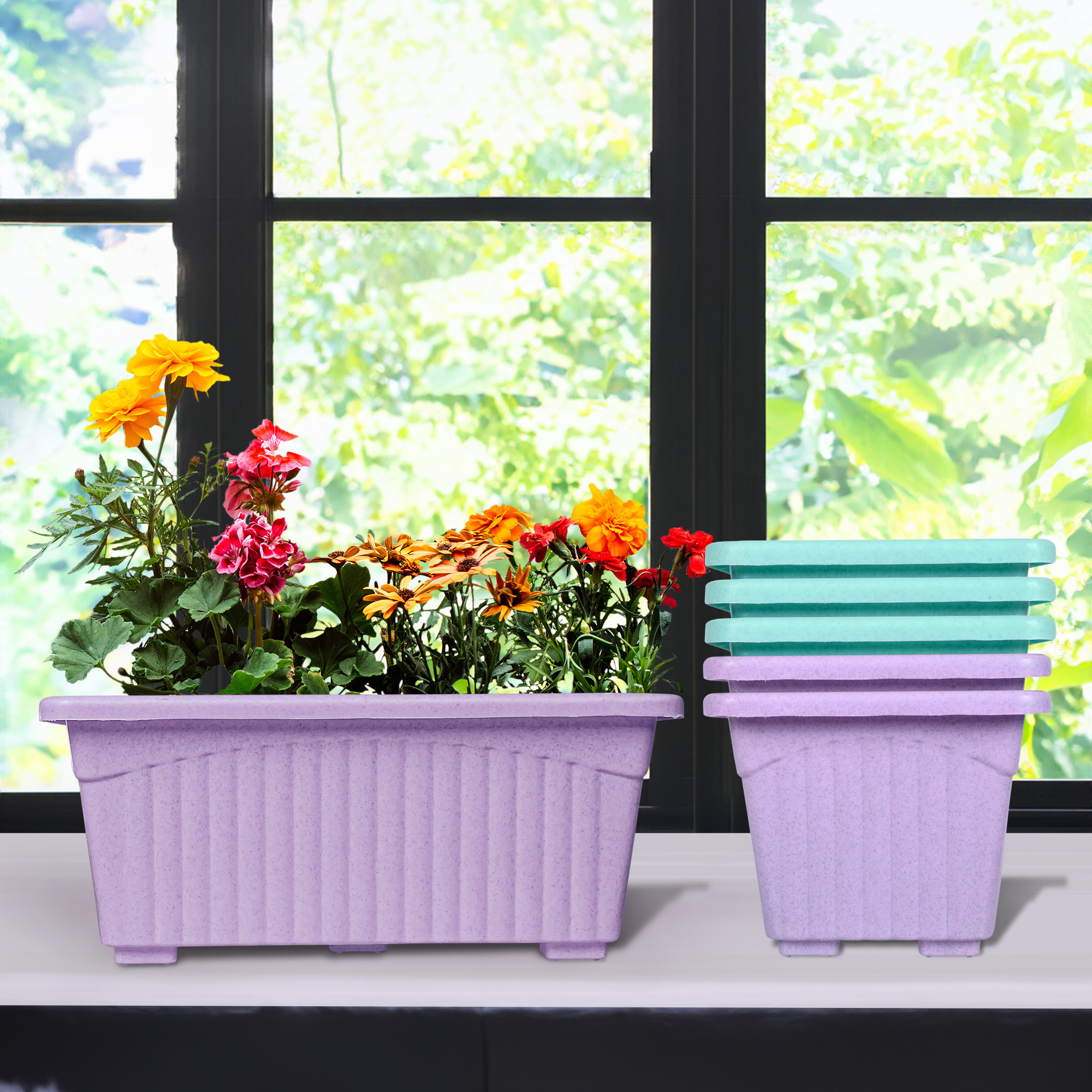Kuber Industries Flower Pot | Flower Pot for Living Room-Office | Planters for Home-Lawns & Gardening | Window Flower Pots for Balcony | Marble Jupitar | Purple & Green