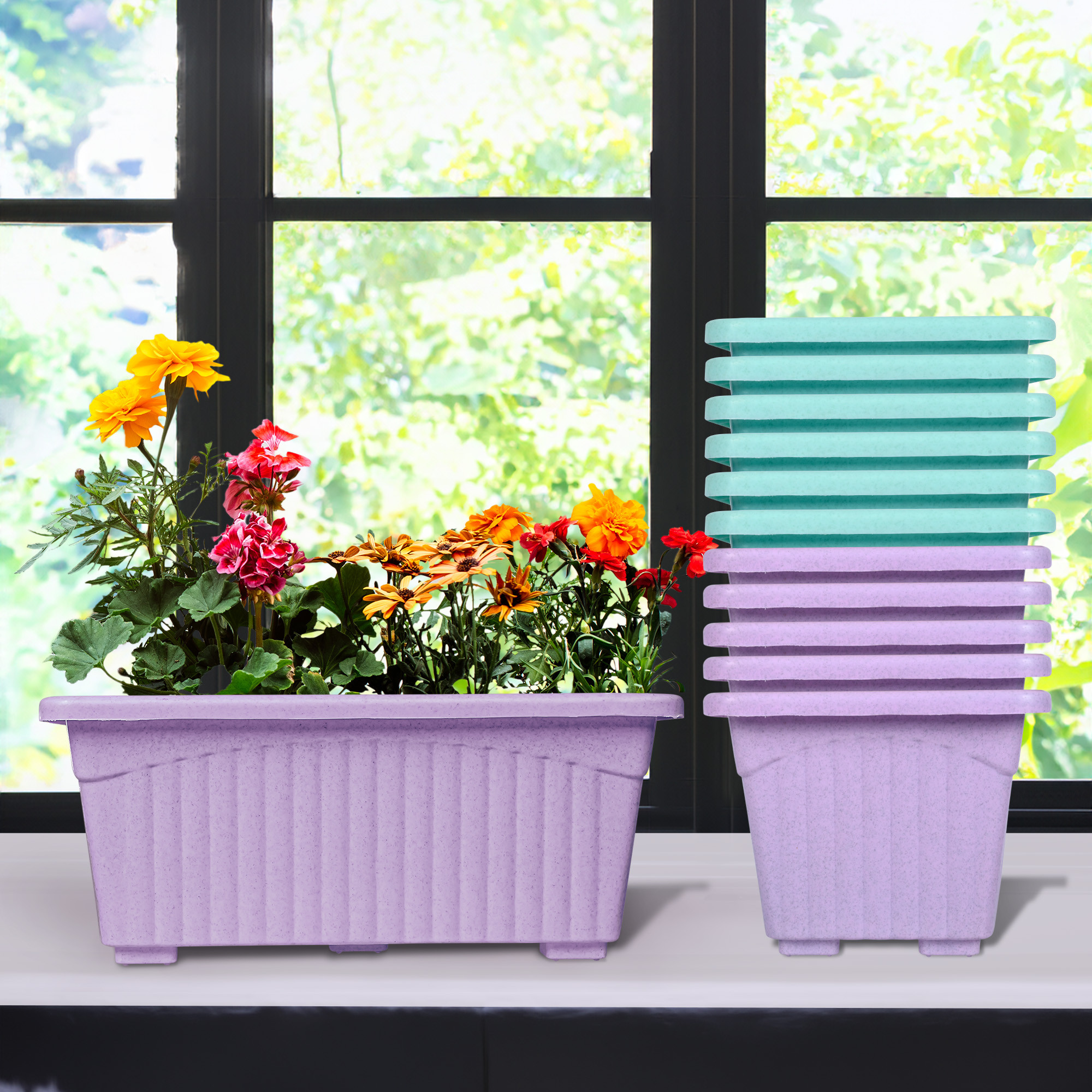 Kuber Industries Flower Pot | Flower Pot for Living Room-Office | Planters for Home-Lawns & Gardening | Window Flower Pots for Balcony | Marble Jupitar | Purple & Green