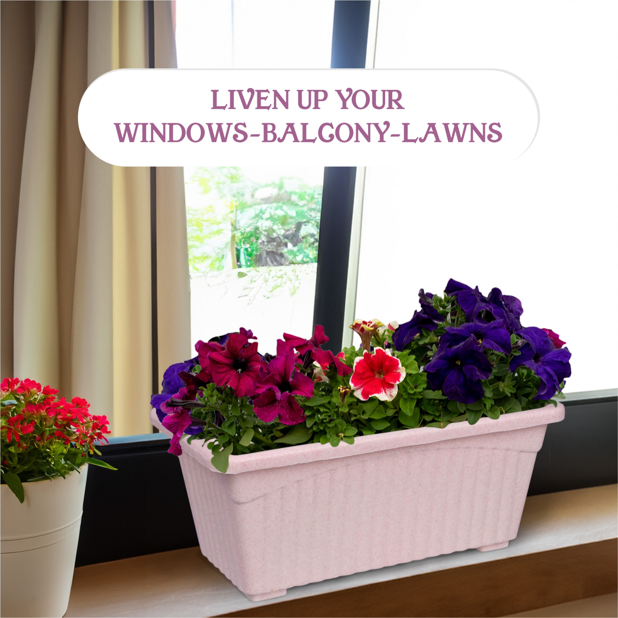 Kuber Industries Flower Pot | Flower Pot for Living Room-Office | Planters for Home-Lawns & Gardening | Window Flower Pots for Balcony | Marble Jupitar | White & Pink
