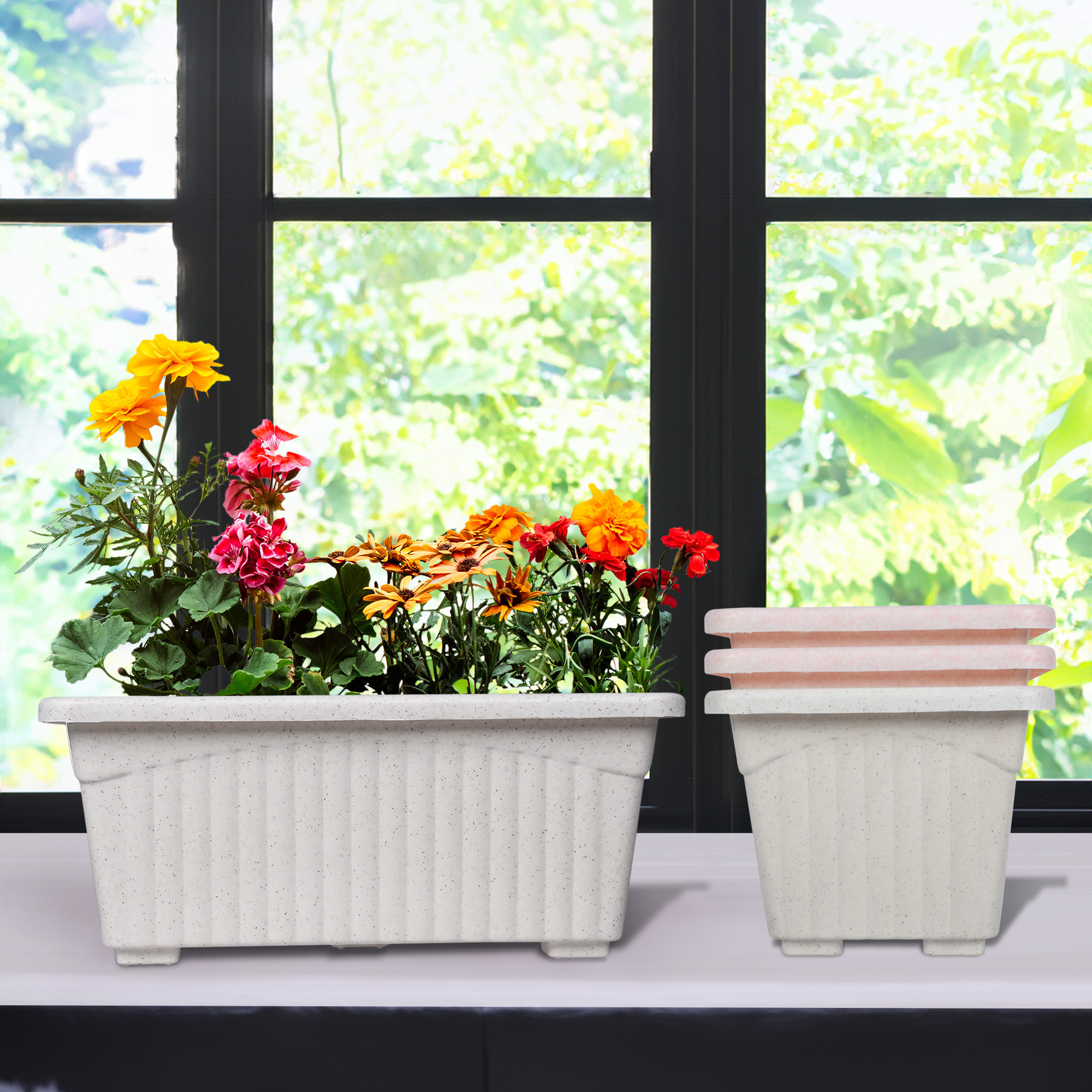 Kuber Industries Flower Pot | Flower Pot for Living Room-Office | Planters for Home-Lawns & Gardening | Window Flower Pots for Balcony | Marble Jupitar | White & Pink