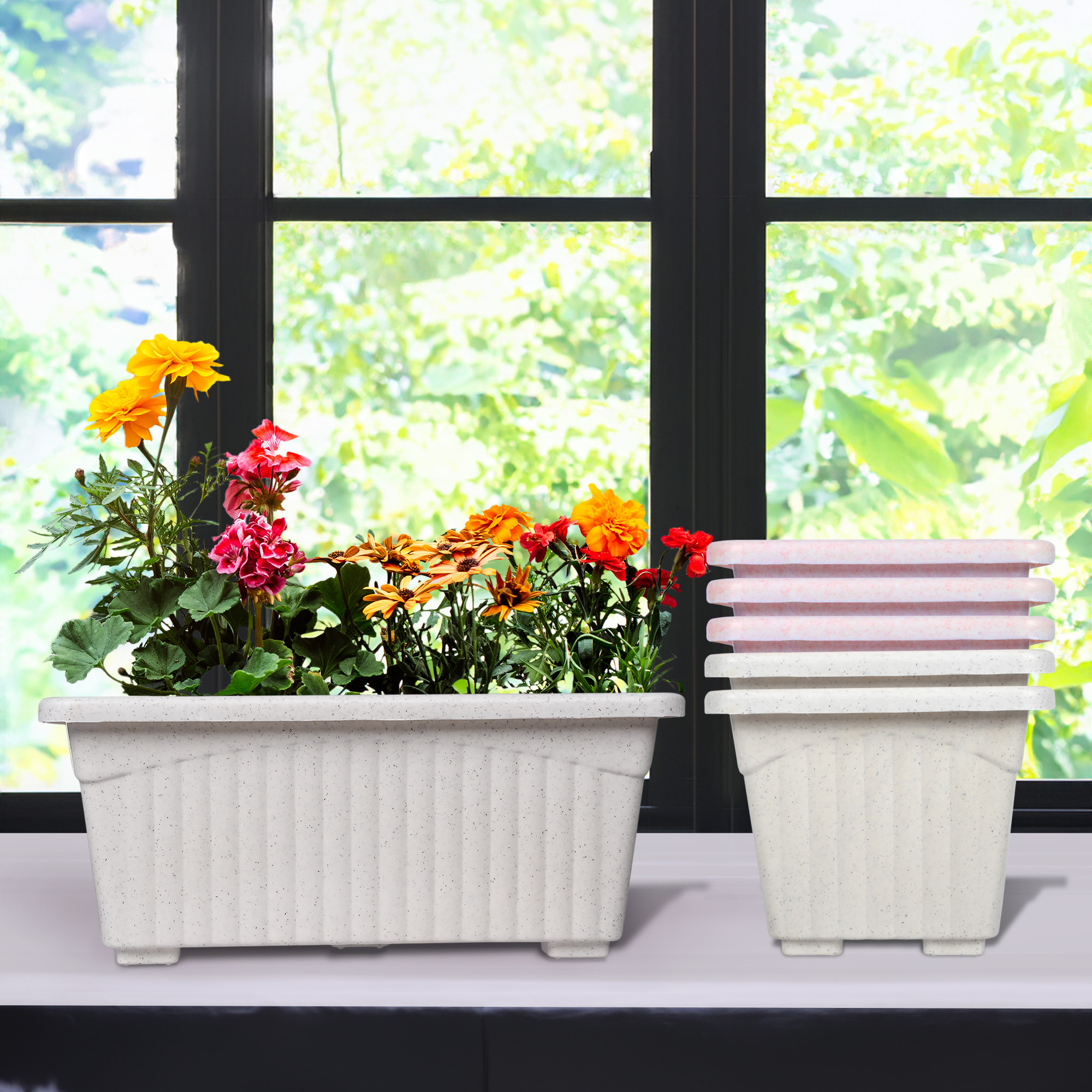 Kuber Industries Flower Pot | Flower Pot for Living Room-Office | Planters for Home-Lawns & Gardening | Window Flower Pots for Balcony | Marble Jupitar | White & Pink