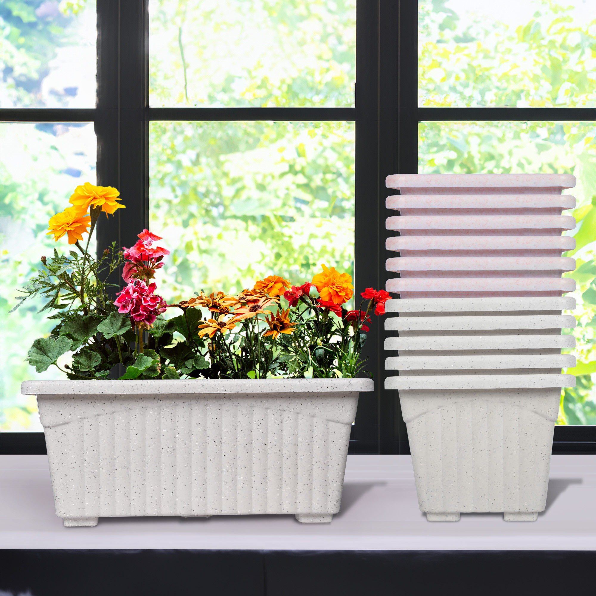 Kuber Industries Flower Pot | Flower Pot for Living Room-Office | Planters for Home-Lawns & Gardening | Window Flower Pots for Balcony | Marble Jupitar | White & Pink
