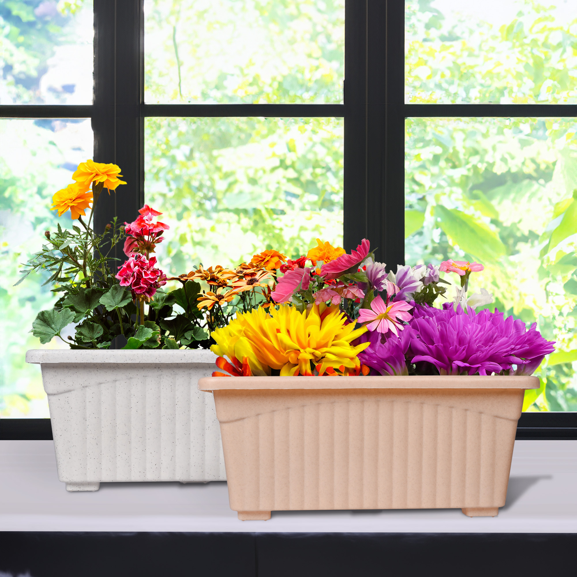 Kuber Industries Flower Pot | Flower Pot for Living Room-Office | Planters for Home-Lawns & Gardening | Window Flower Pots for Balcony | Marble Jupitar | White & Peach
