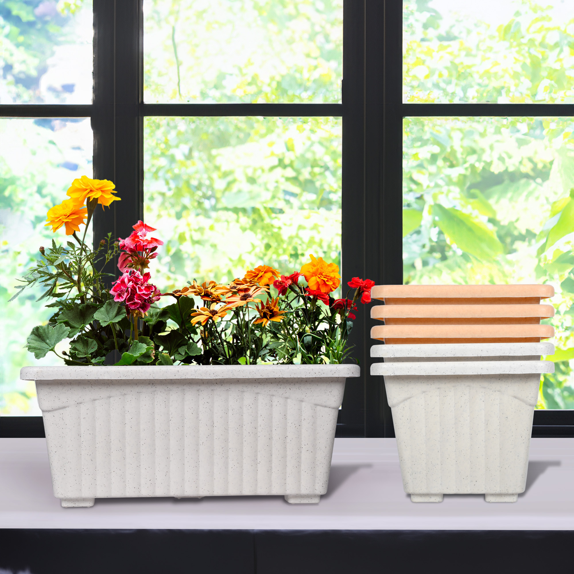 Kuber Industries Flower Pot | Flower Pot for Living Room-Office | Planters for Home-Lawns & Gardening | Window Flower Pots for Balcony | Marble Jupitar | White & Peach