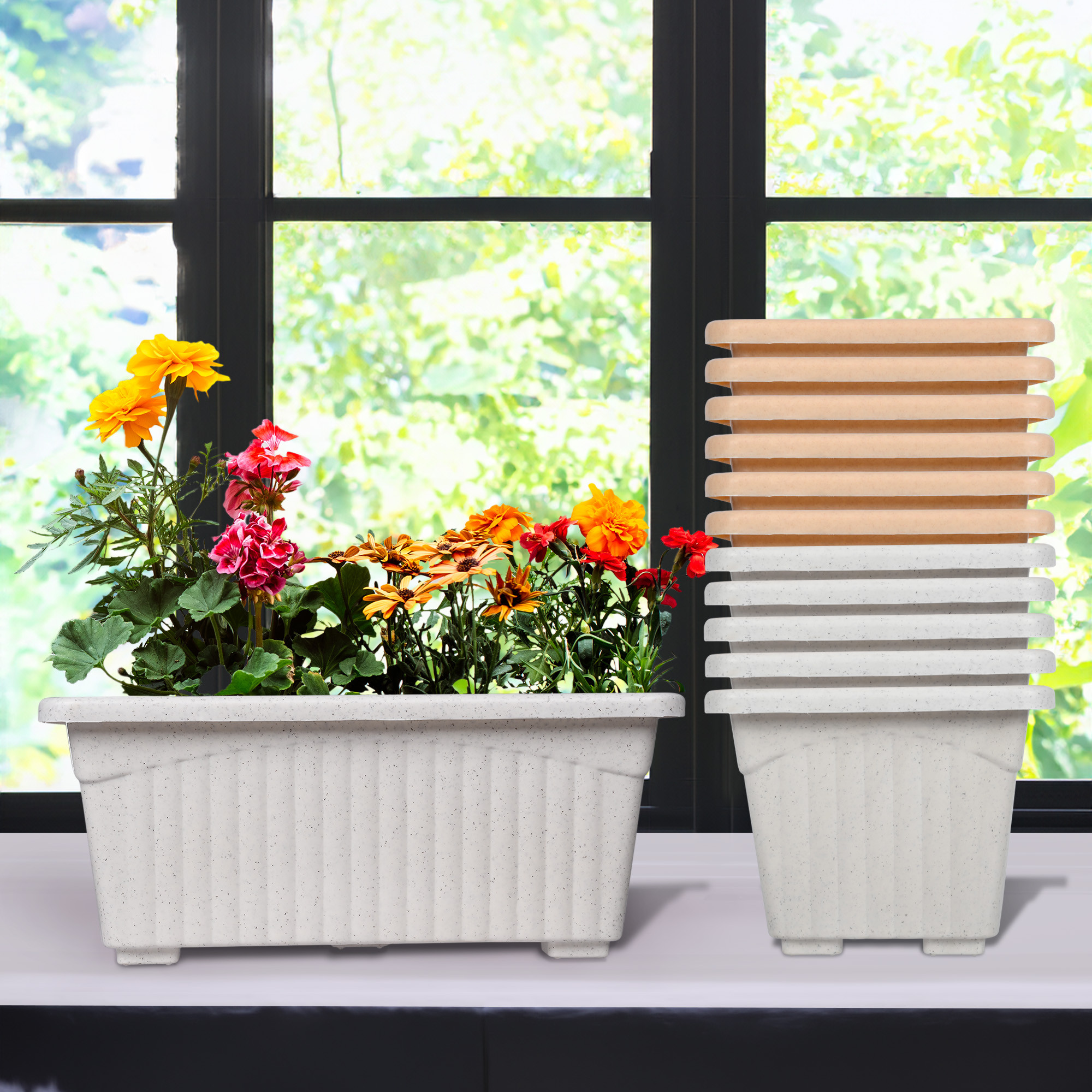 Kuber Industries Flower Pot | Flower Pot for Living Room-Office | Planters for Home-Lawns & Gardening | Window Flower Pots for Balcony | Marble Jupitar | White & Peach
