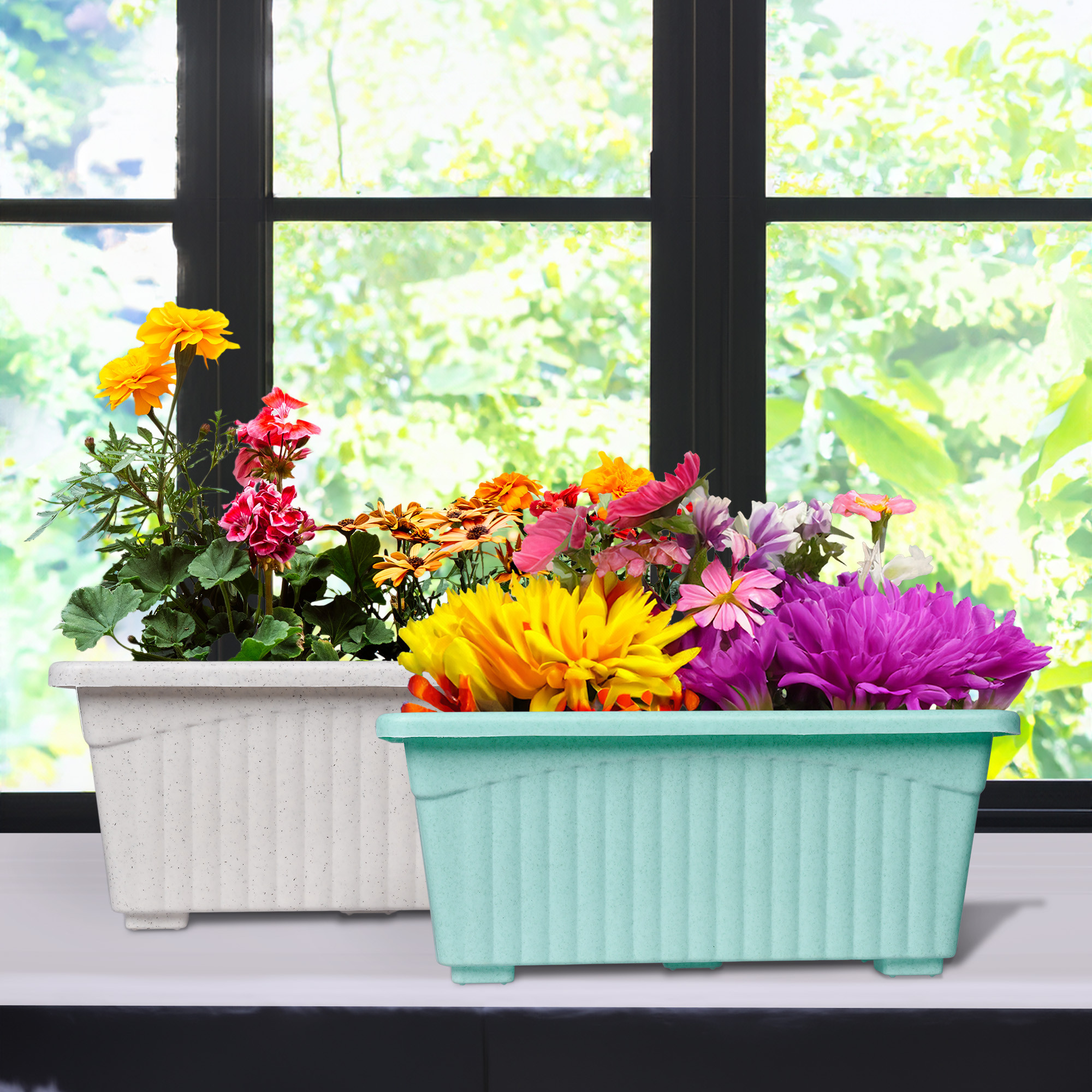 Kuber Industries Flower Pot | Flower Pot for Living Room-Office | Planters for Home-Lawns & Gardening | Window Flower Pots for Balcony | Marble Jupitar | White & Green