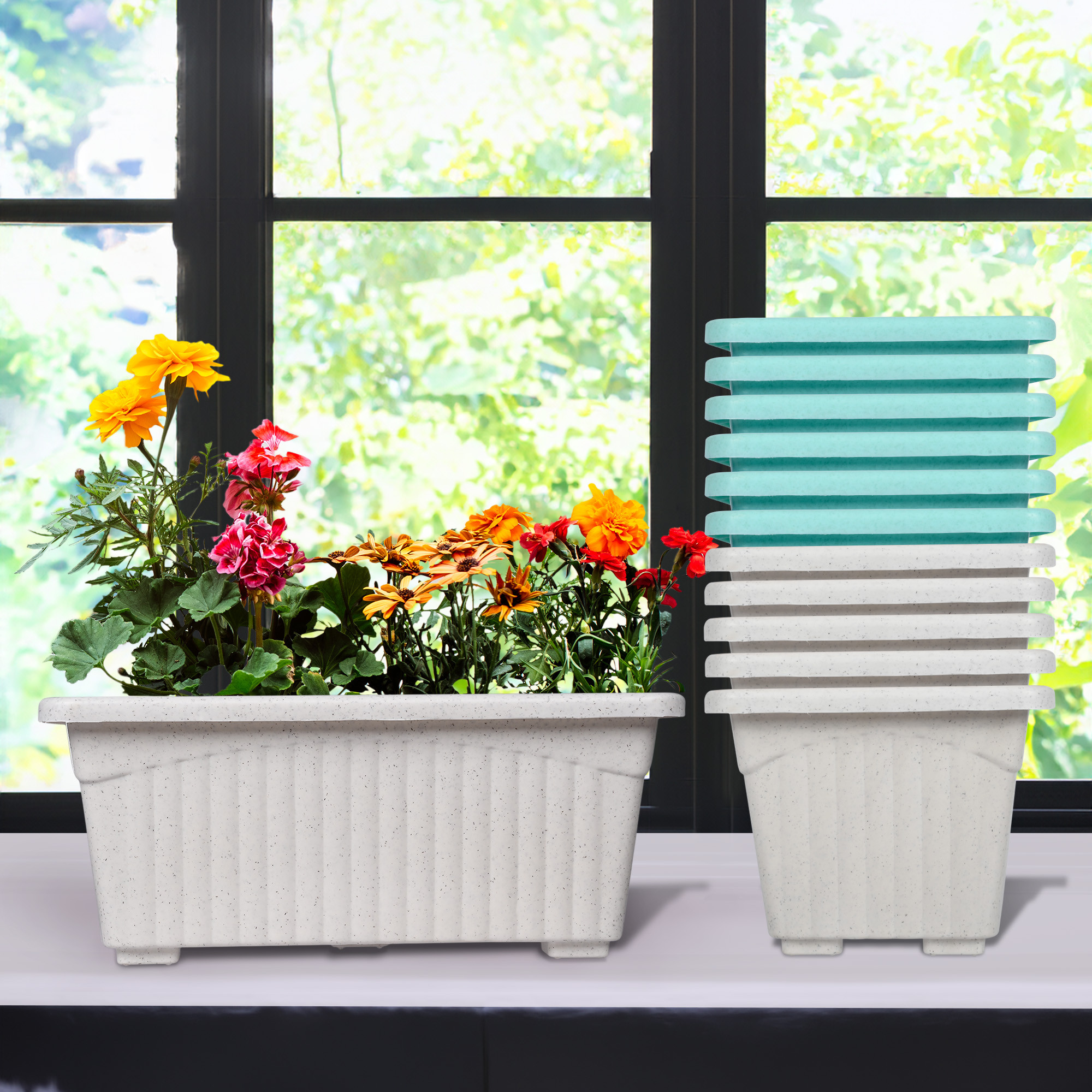 Kuber Industries Flower Pot | Flower Pot for Living Room-Office | Planters for Home-Lawns & Gardening | Window Flower Pots for Balcony | Marble Jupitar | White & Green