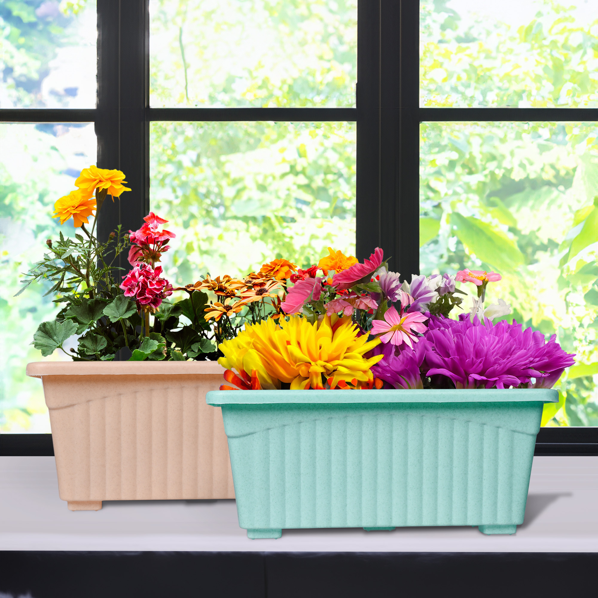 Kuber Industries Flower Pot | Flower Pot for Living Room-Office | Planters for Home-Lawns & Gardening | Window Flower Pots for Balcony | Marble Jupitar | Peach & Green