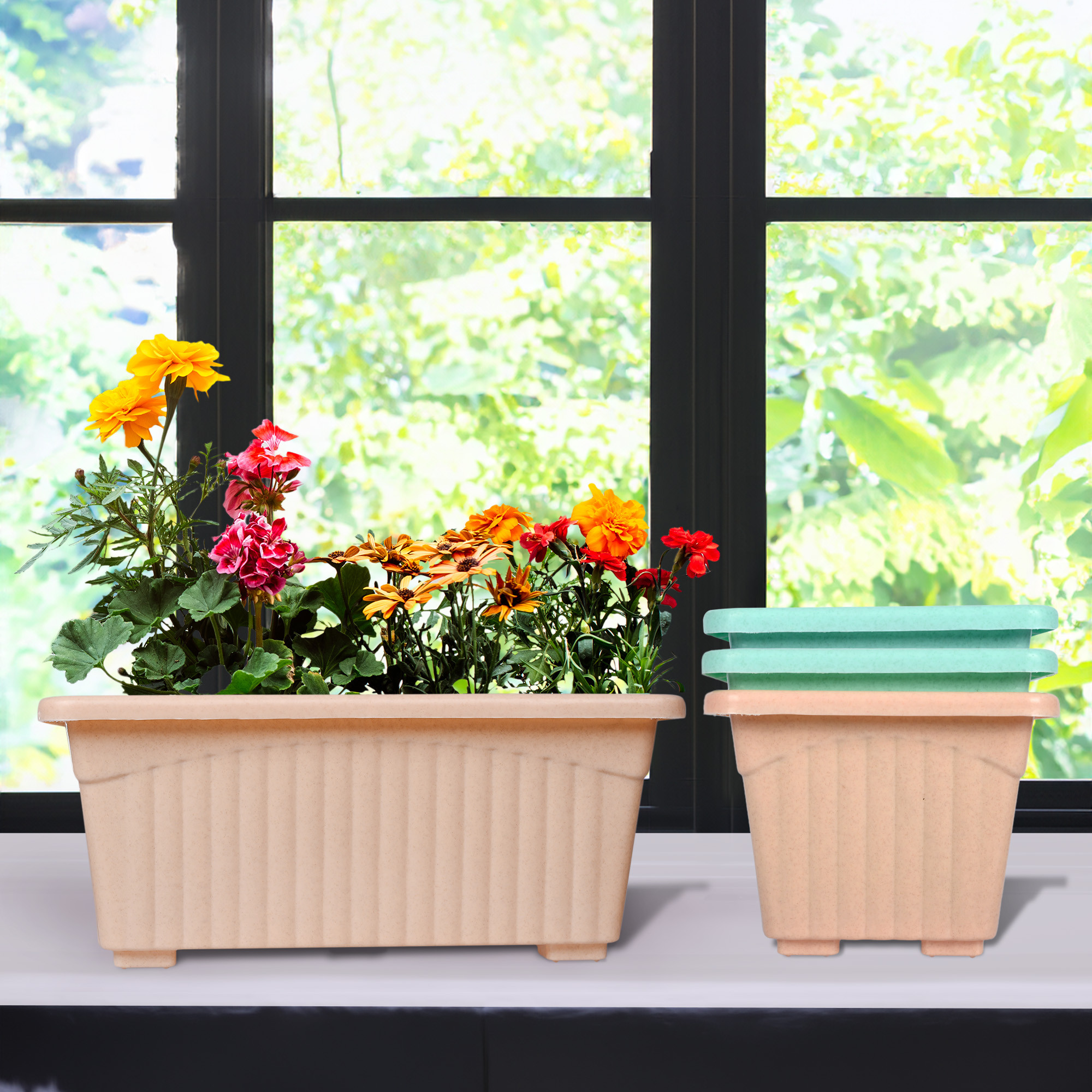 Kuber Industries Flower Pot | Flower Pot for Living Room-Office | Planters for Home-Lawns & Gardening | Window Flower Pots for Balcony | Marble Jupitar | Peach & Green
