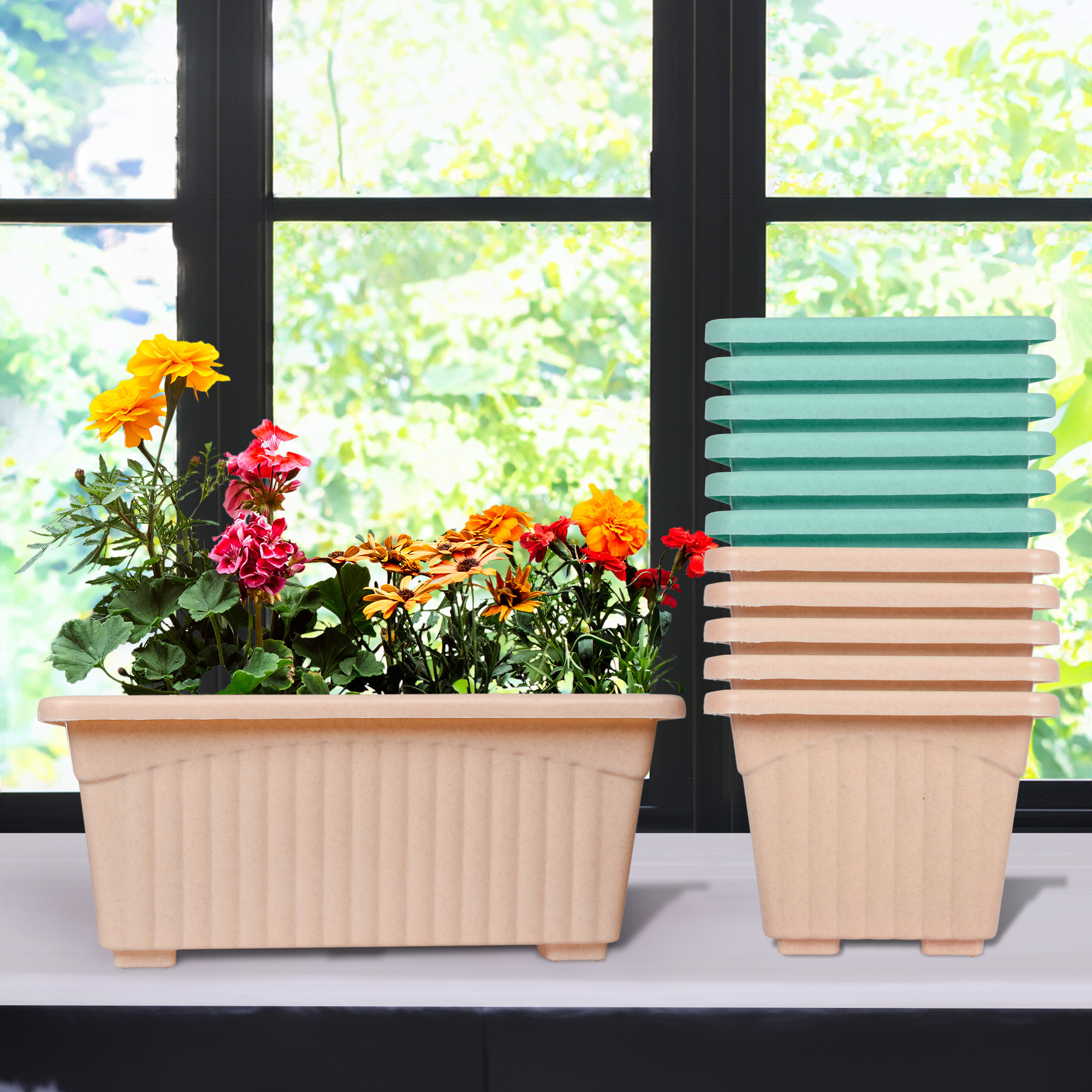 Kuber Industries Flower Pot | Flower Pot for Living Room-Office | Planters for Home-Lawns & Gardening | Window Flower Pots for Balcony | Marble Jupitar | Peach & Green