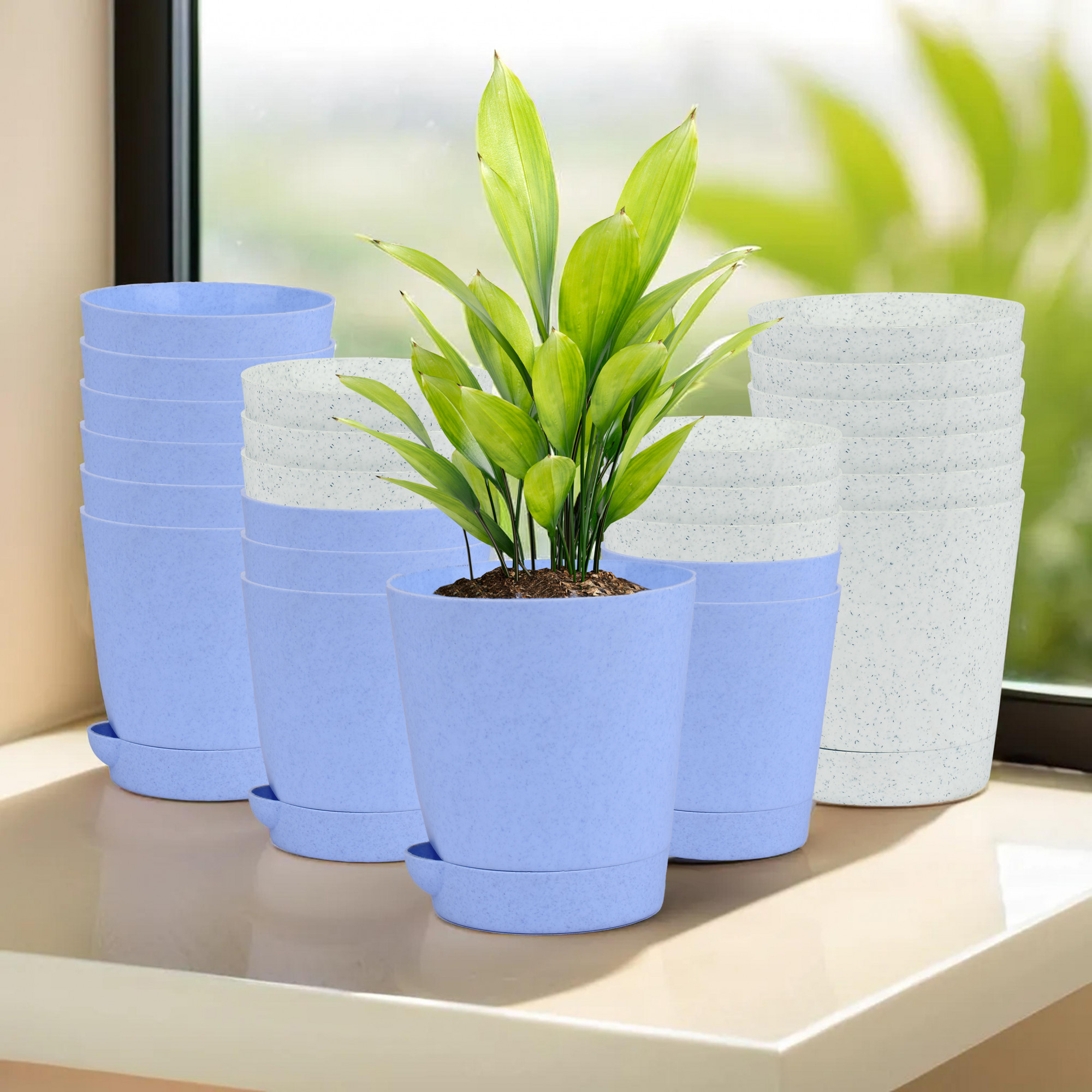 Kuber Industries Flower Pot | Flower Pot for Living Room-Office | Planters for Home-office-Lawns & Garden Décor | Self Watering Flower Planters Pots | Marble Titan | 4 Inch | Blue & White