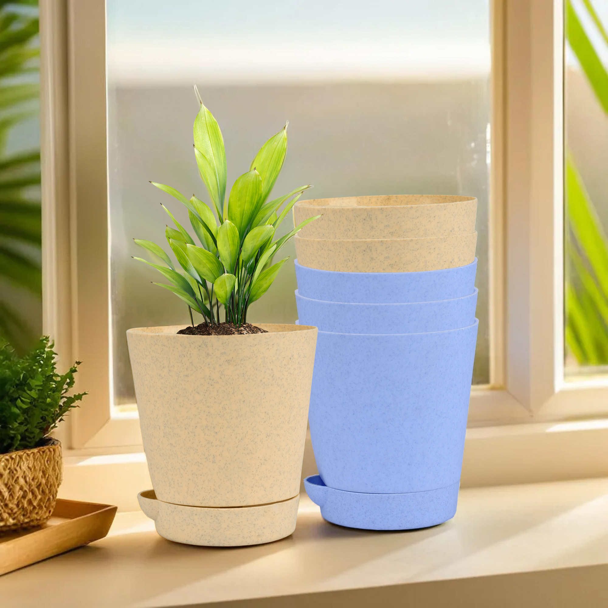 Kuber Industries Flower Pot | Flower Pot for Living Room-Office | Planters for Home-office-Lawns & Garden Décor | Self Watering Flower Planters Pots | Marble Titan | 4 Inch | Blue & Beige