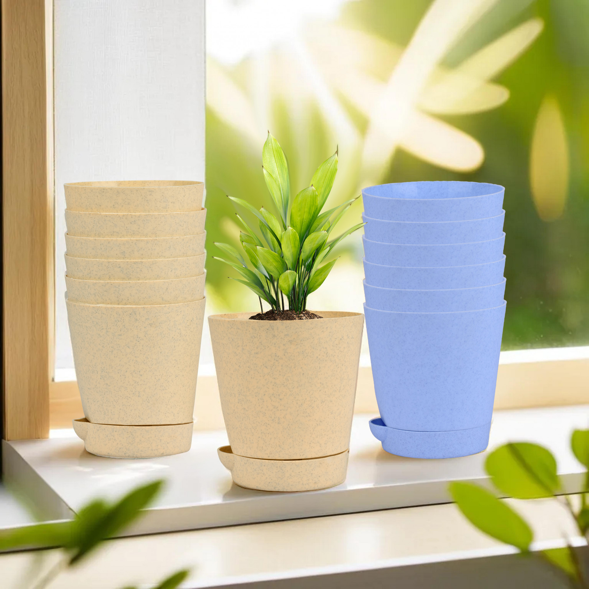 Kuber Industries Flower Pot | Flower Pot for Living Room-Office | Planters for Home-office-Lawns & Garden Décor | Self Watering Flower Planters Pots | Marble Titan | 4 Inch | Blue & Beige