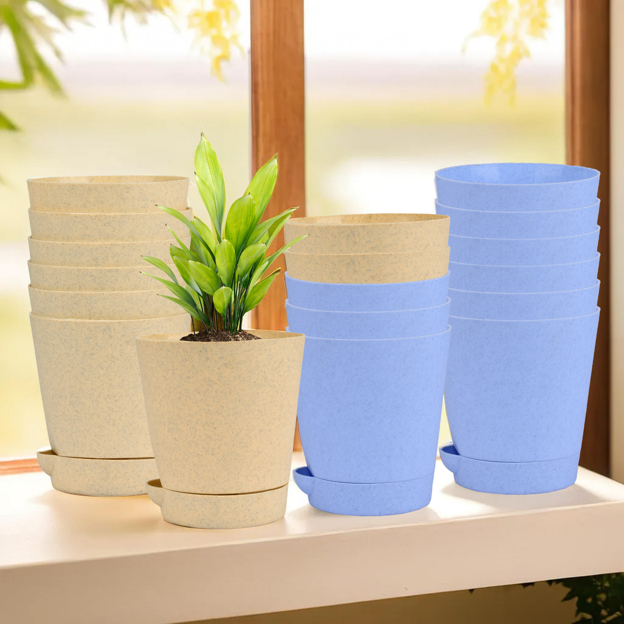 Kuber Industries Flower Pot | Flower Pot for Living Room-Office | Planters for Home-office-Lawns & Garden Décor | Self Watering Flower Planters Pots | Marble Titan | 4 Inch | Blue & Beige