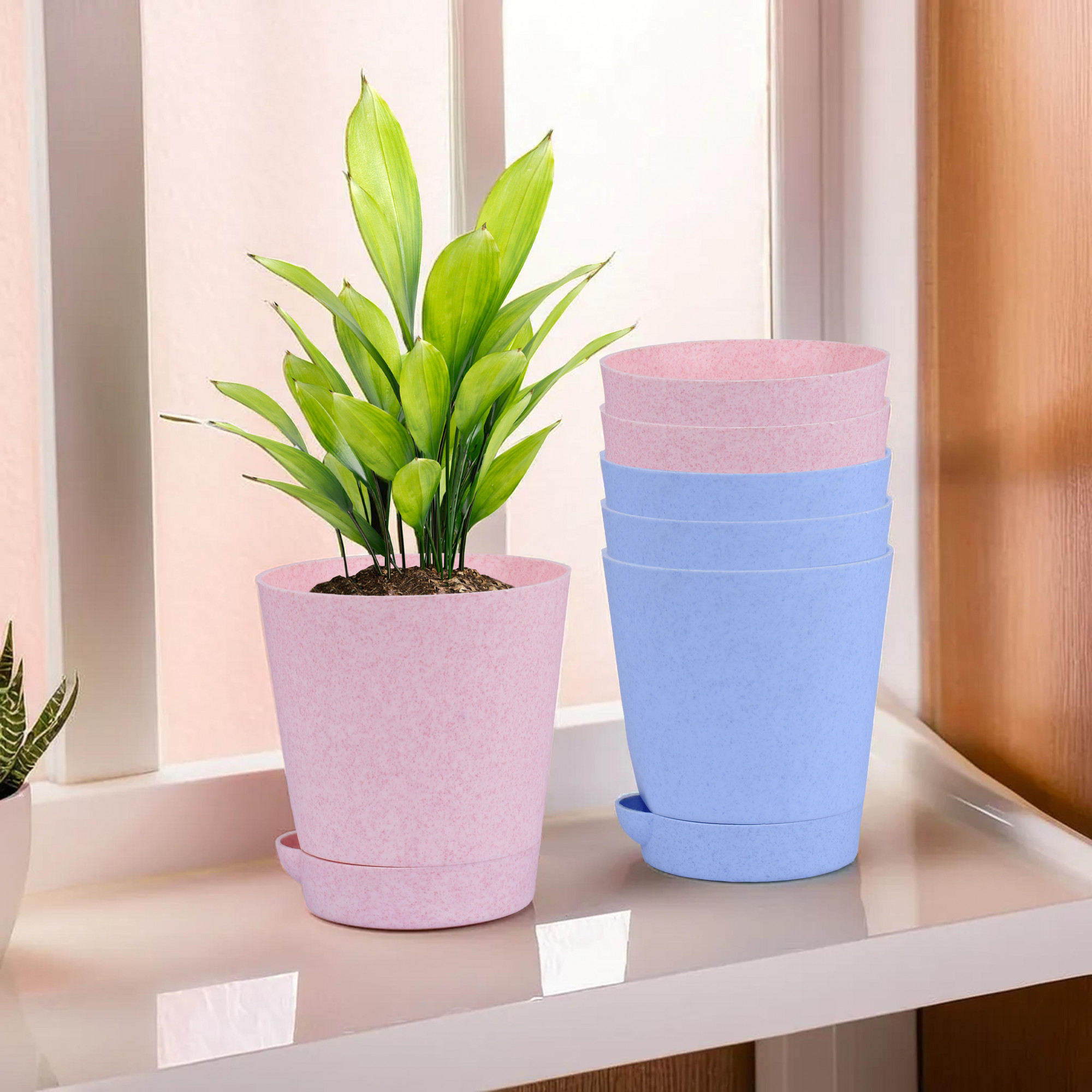 Kuber Industries Flower Pot | Flower Pot for Living Room-Office | Planters for Home-office-Lawns & Garden Décor | Self Watering Flower Planters Pots | Marble Titan | 4 Inch | Blue & Pink